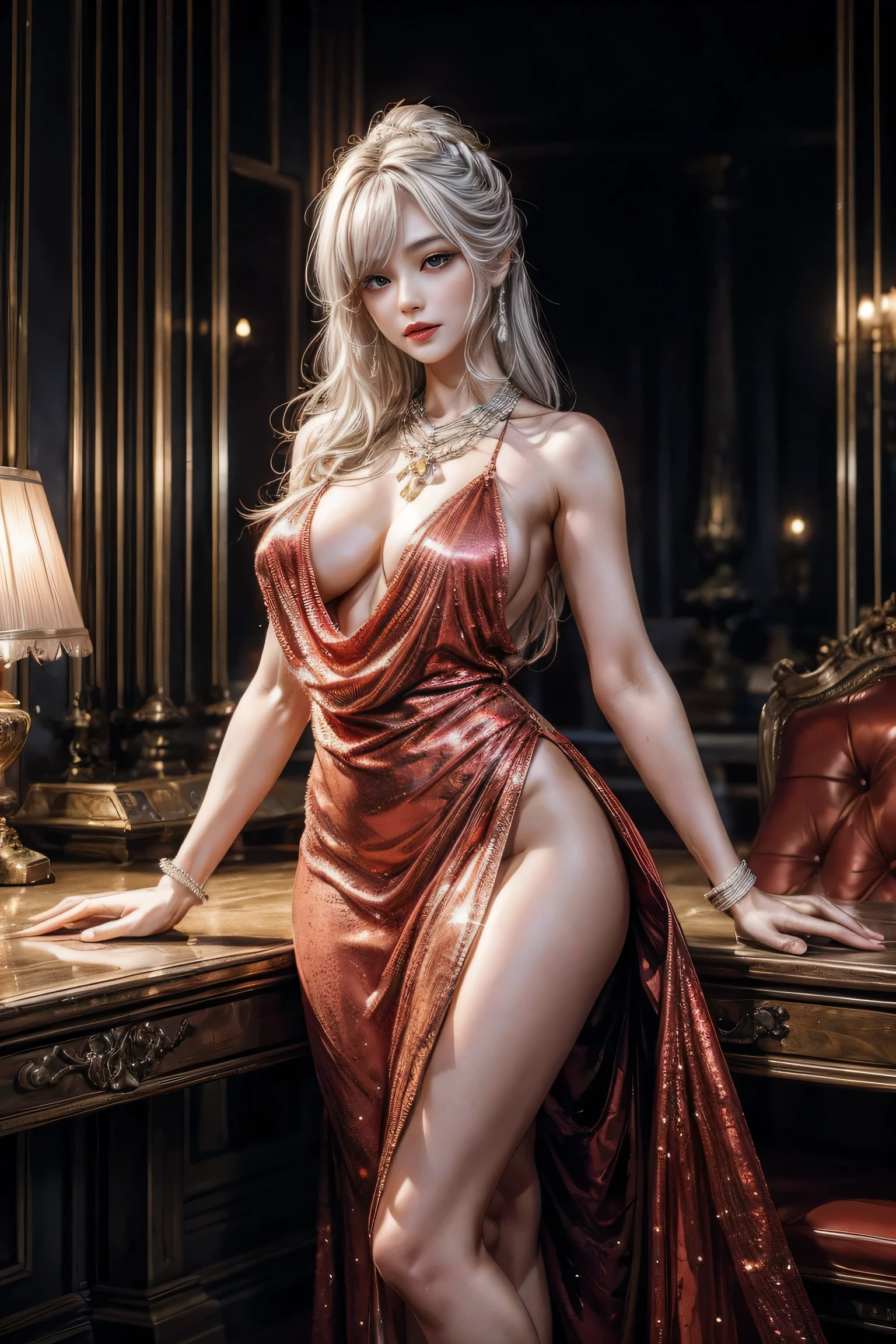HD photos,lifelike,Ultra high resolution large files,8k high quality wallpaper,10x pixels,CG wallpaper,细节Clearlifelike,female portrait,Super fine,Super fine details:1.1,Advanced technical details:1.1,动态姿势美丽Sexy女人,一个Sexy,Royal sister style,Mixed-race females,Long white and silver hair,他有一头Long white and silver hair,Clearlifelike的头发,Clear的发丝,Delicate eyelash makeup,Be careful with your eyes and face,beautiful fine eyes,Thin eyebrows,Super fine致养眼性感大红唇,mature face,Exquisite face makeup,detailed facial work,, pretty face, Perfect face proportions,(Advanced facial details:1.1)perfect body shape,perfect body proportions,rough numbers,mannequin,一系列shining液体血红色奢华礼服,blood red sequin dress,sequined jacket,shining,tight long skirt,Summer sexy hip-hugging fishtail sleeveless commuter maxi skirt,Horse socks 100%Oil Pastel Tray Glossy Silk Surface 8D Black Silk Women's,High heel,Beautiful long dress,Wonderful DRESRIGHT light golden red series,High fashion clothing series,dress photography,Authentic clothing items,Slim,Sexy,jewelry,necklace,ear nipple ring,bracelet,indoor background,In the banquet hall,Women's artwork,Full body video dressed,Reality感,amazing (Egiosar:1)(Korean Idol face)Adult photography,Blood red series,Bright red satin dress,Reality摄影,Reality、Clear,fashion art,dress goddess,Women's artwork,full body view,fantasy art,First class boutique,High level of detail engineering