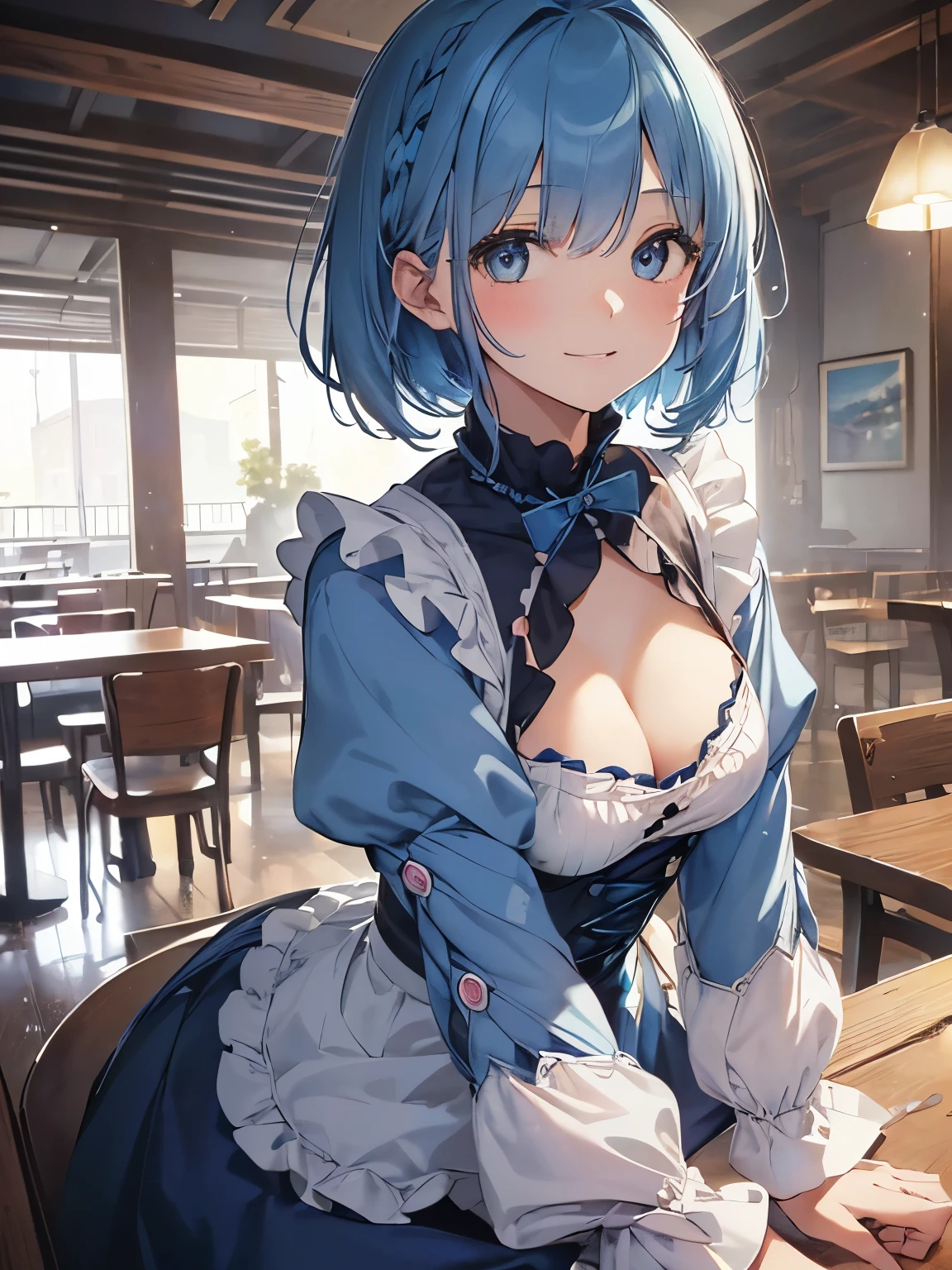 highest quality, High resolution, masterpiece、Front facing、cowboy shot、Cafe clerk、blue haired waitress、(1 girl),(beautiful eyes、drawn in detail、face to detail、masterpieceサイドライト、masterpiece、highest quality、detailed、High resolutionのイラスト),delicate makeup, (Close-up:1.2)、throw、soft focus ground bokeh、smile, ((laugh:1.3)), (wink:1.2), break(Highest quality illustration:1.2), (pretty girl:1.1),(Highest quality illustration:1.2), (pretty girl:1.1), (1 girl:1.5, solo:1.5)、 (1 girl、18-year-old、one pose、Mature、Medium chest:1.5、超detailedな目:1.2)、(beautiful breasts)、((blue hair:1.5))、(short hair)、(((short bob hair)))、thin waist、small ass、、超High resolution、detailedなアーム:1.2),break is very detailed, Complex, table top, absurd、 ((smooth texture:0.75, realistic texture:0.5, Anime CG style)),