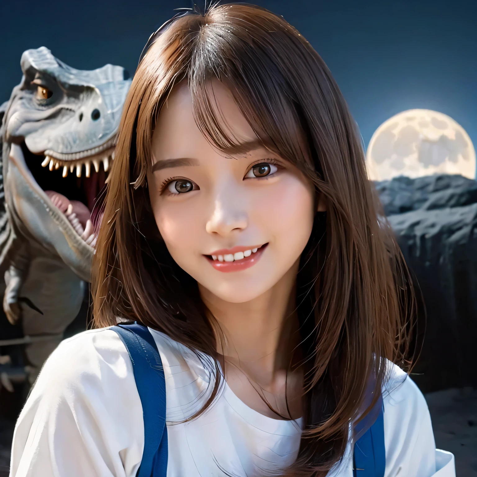 (Girl and dinosaurs  on the moon:1.5) ,(landing on the moon:1.2),(dinosaurs:1.2),original photography,(ultimate beauty portrait、sparkling skin、1 girl、Smile、bright expression、brown hair、Big eyes sparkling like gems、Harajuku、24 year old beautiful girl),space suit,Flag of China ，Very detailed