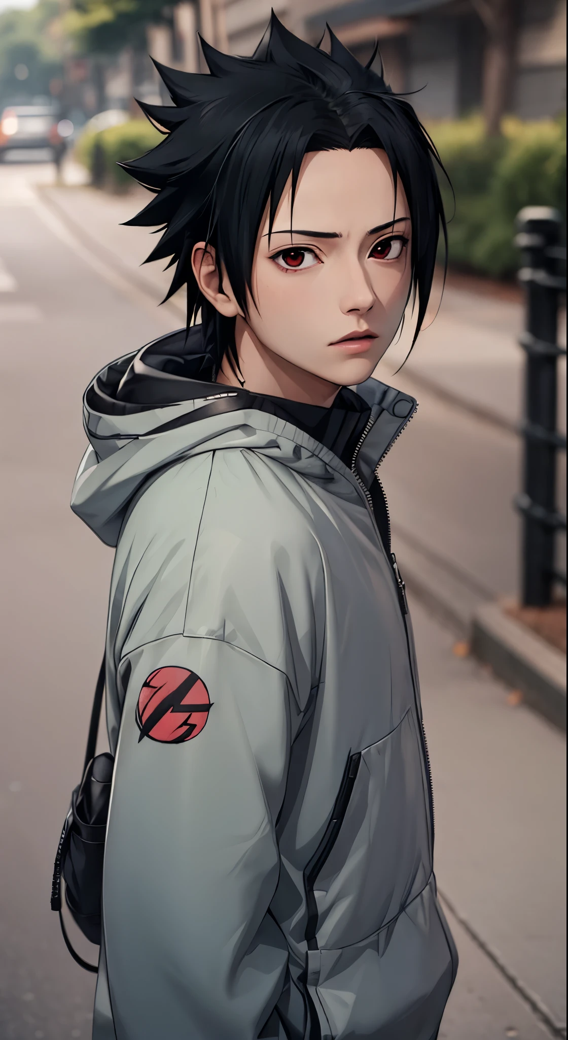 Masterpiece, 1boy, Superb Style, uchiha Sasuke, red eyes, Urban Streetwear chothes, Outdoor, Upper Body, Uchiha Sasuke, bright eyes, black hair, cool boy