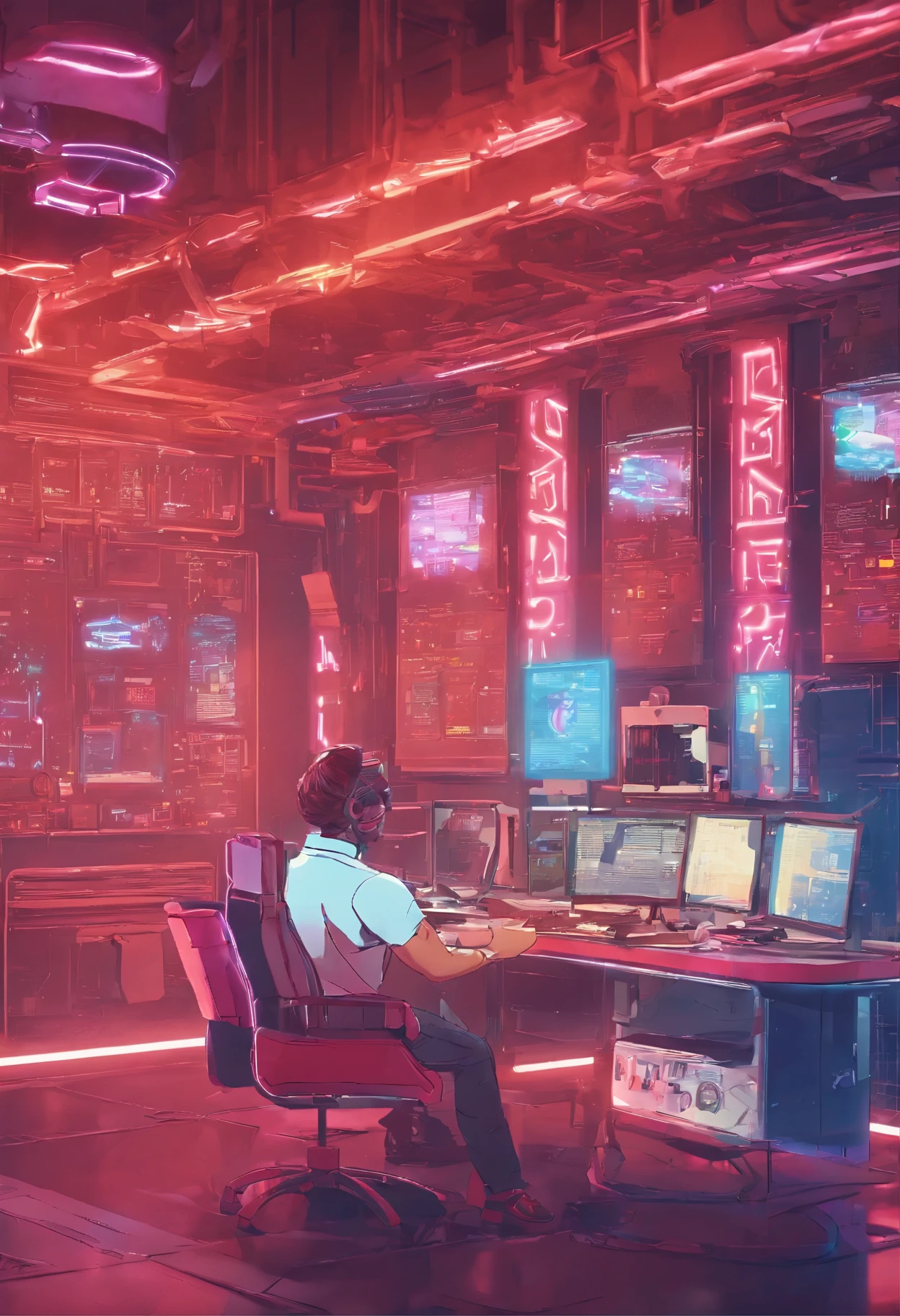 primitive, wide angles, Man with glasses sits on chair in front of futuristic computer screen in bright café., 30-years old,Red-black skin, Black hair, Wavy Hair,shoulder-length hair,Software Development Engineer.,Bear typography,small beard,Black T-shirt,Black pants,white lab coat, The coffee cup is placed on the table., Displaying star information, hardware, Bright environment, neon light, ((Cyberpunk Personality))