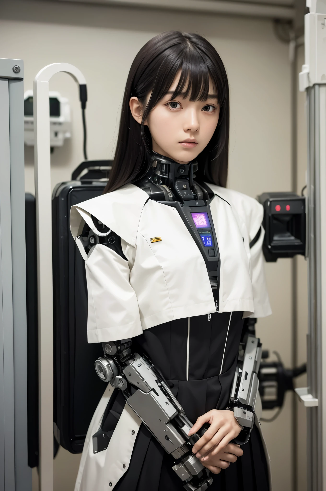 (photorealistic:1.4), (RAW photo)masutepiece, Best Quality, Extremely detailed, (Photorealistic:1.4), (8K, 4K, Best Quality, hight resolution, 超A high resolution:1.1), 8K portrait,Japaese android girl,teenager,18 years old,highschool student,control panels,android,Droid,Mechanical Hand, ,Robot arms and legs, Black hair,Mechanical body,Blunt bangs,perfect teenager robot,Japanese highschool uniform