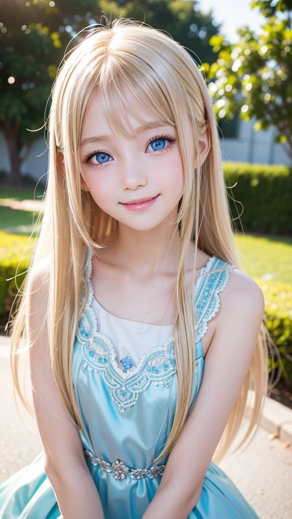 shiny skin、 Very cute and beautiful face、Very shiny and beautiful skin、Very beautiful and cute sexy pale blue eyes、beautiful very long shiny silky blonde hair、()、one small very beautiful cute girl、Beautiful cute bright look、Clear double eyelids、((Very happy smile))