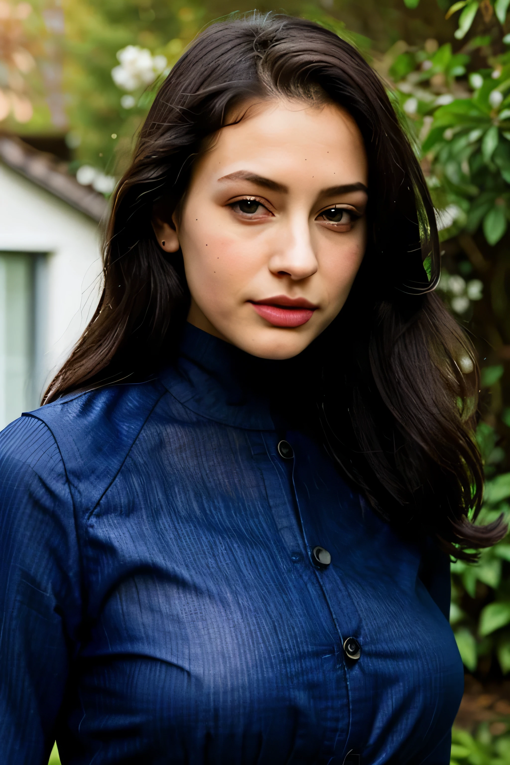 Mulher atraente de 25 anos , veste camisa azul transparente, shirt with buttons, aberta na frente, cabelos castanhos e longos, olhos verdes, olhos perfeitos, pele clara, nariz afinado, fine strokes, detalhes minuciosos, High definition, obra de arte, Ao fundo um jardim com flores silvestres, foto de busto, facing the camera