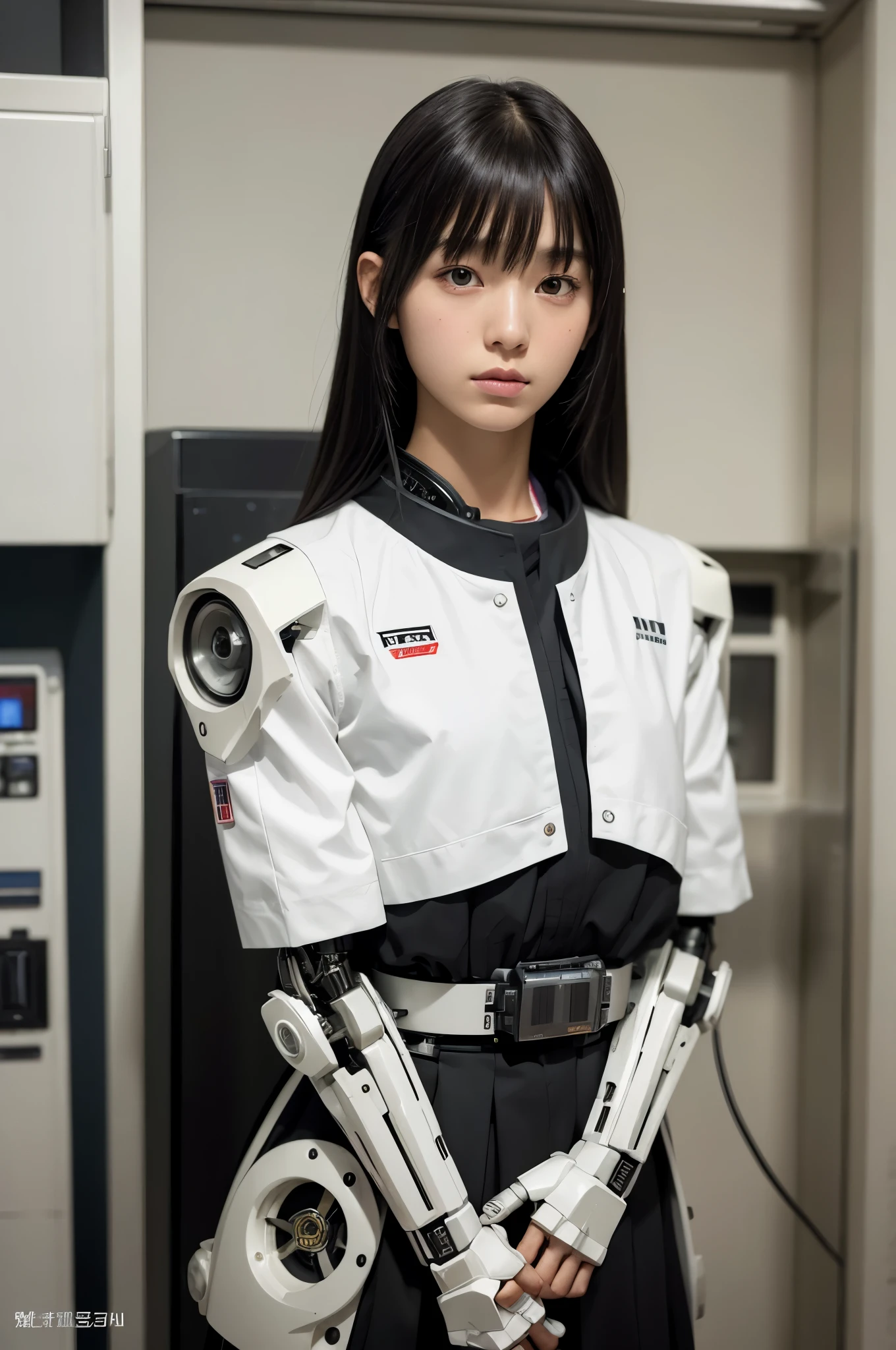 (photorealistic:1.4), (RAW photo)masutepiece, Best Quality, Extremely detailed, (Photorealistic:1.4), (8K, 4K, Best Quality, hight resolution, 超A high resolution:1.1), 8K portrait,Japaese android girl,teenager,18 years old,highschool student,control panels,android,Droid,Mechanical Hand, ,Robot arms and legs, Black hair,Mechanical body,Blunt bangs,perfect teenager robot,Japanese highschool uniform