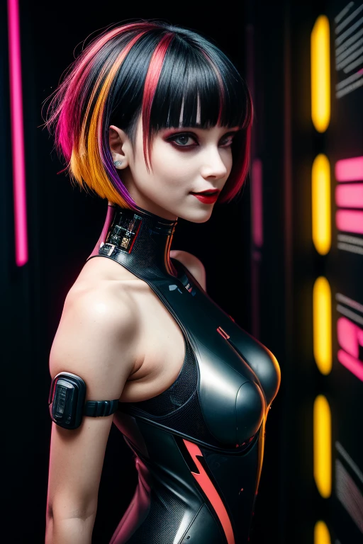 1girl, lucy \(cyberpunk\), solo, looking at viewer, cyberpunk, short hair, yellow background, smile, bare shoulders, red eyeliner, makeup, red lips, looking back, parted bangs, upper body, cyborg, multicolored eyes, bodysuit, closed mouth, white hair ,cyberpunk \(series\), cyberpunk edgerunners,(mature female),(masterpiece:1.2),(best quality:1.2),
