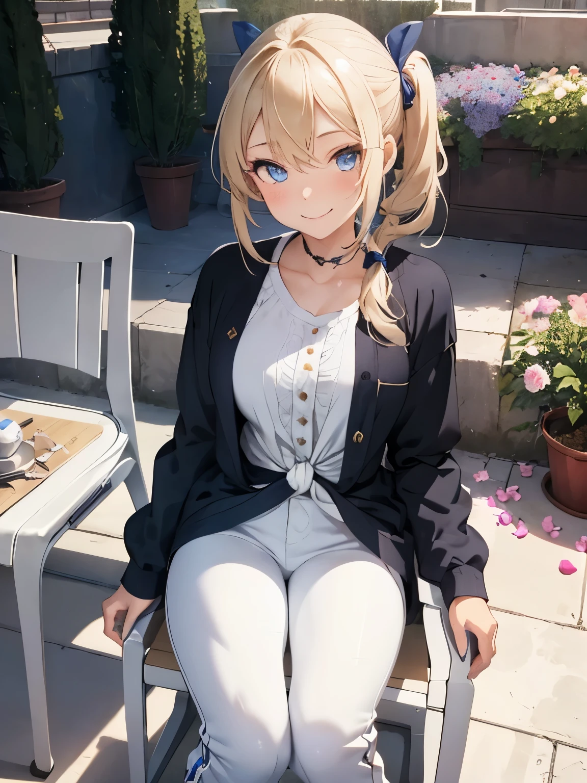 character//1 girl,(blonde),(Side ponytail from around the temporal lobe:1.3),((big blue ribbon in hair knot:1.2)),(Stardust phenomenon from faint hair),(Tsundere),((A confident and confident smile)),BREAK//((Boyish, loose-fitting long-sleeved clothing:1.3)),((skinny white pants:1.3)),BREAK//((Blue eyes that shine like jewels)),((Just a little bit of a gal:1.2)),((american girl)),((open terrace chairs:1.4)),((flowers and petals:1.2)),((blessing light and bell)),