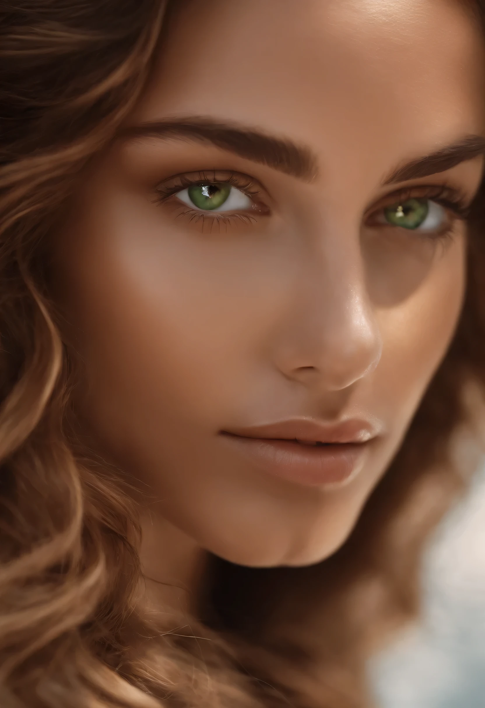 O rosto oval, with fine and delicate strokes. Nariz reto, uma boca pequena e um queixo liso. olhos verdes. longo, Encaracolado, cabelo castanho claro que cai sobre os ombros. Ela tem a pele bronzeada.