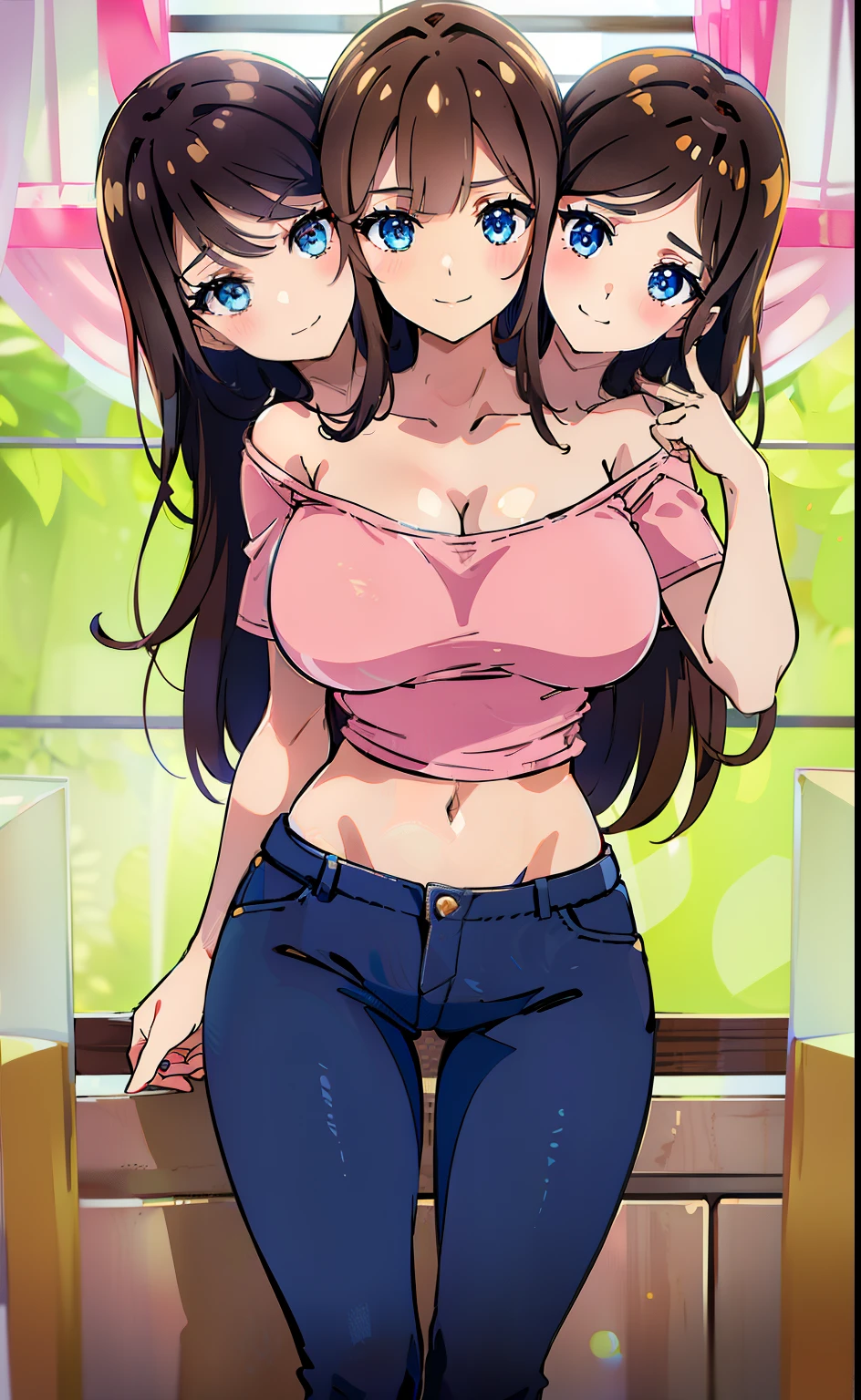 best quality, (masterpiece),(ultra-detailed), (high quality), (high resolution), (3heads:1.5) brunette brown hair, (larger breasts), cleavage, best quality:1.5, highres, UHD, 4K), smiling, ((pink t shirt)), (blue jeans), wearing heeled boots, (detailed glowing blue eyes), (mature woman), casual dress, sexy proportions, (exposed midriff), thighs, Beautiful girl with accentuated slender abs, eyeshadow