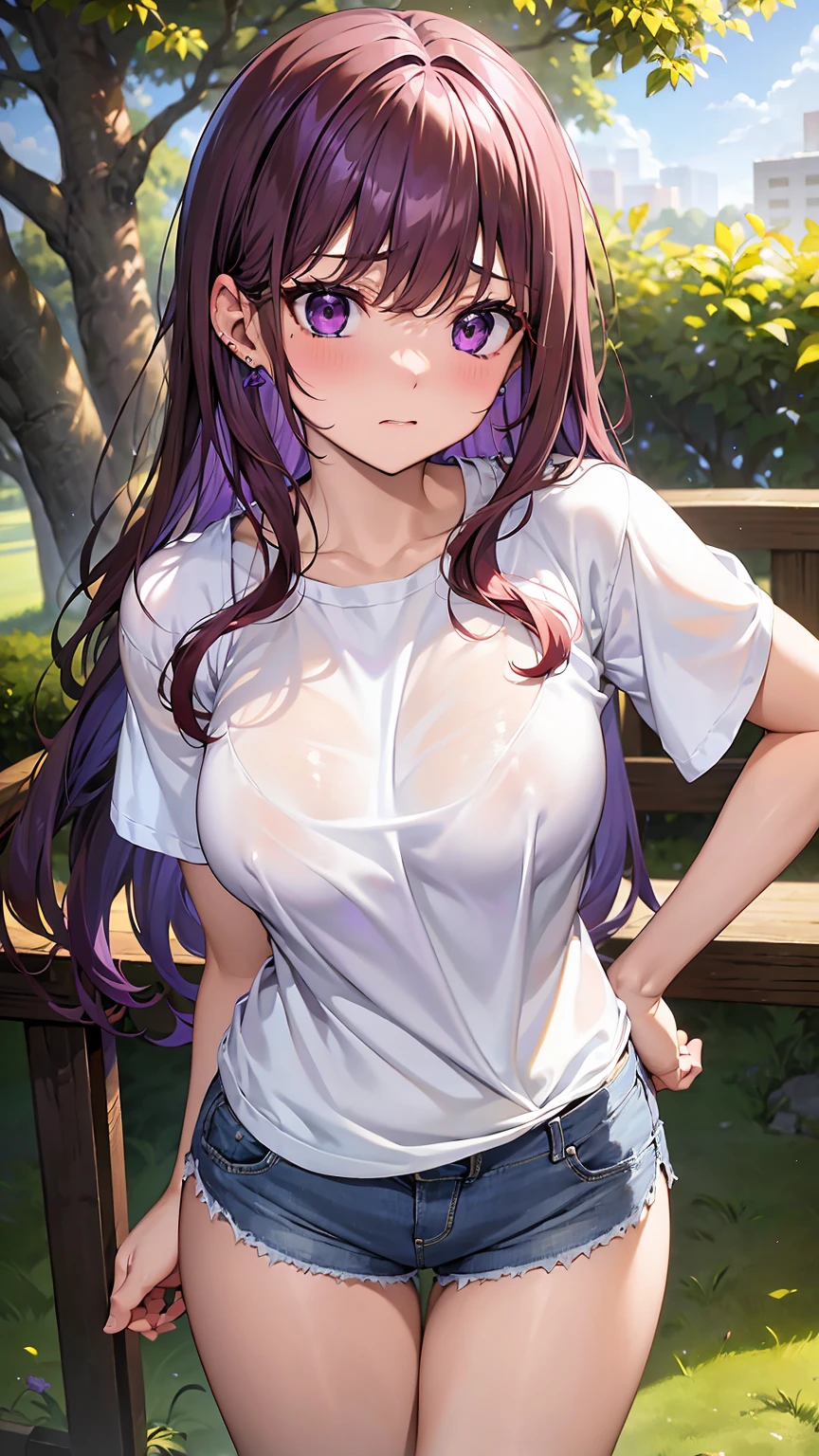 detailed face、long eyelashes、detailed eye、crimson long hair、wavy hair、(purple eyes:1.3)、(dark red hair)、big breasts:1.5、Close your chest、embarrassed look、1 woman、25 years old、human、earrings、high quality、thighs、shiny skin、denim shorts、Sunny sky、Lawn Park、lewd in public、丈の短い白Tshirt、transparent nipples、blancheTshirt、butt、