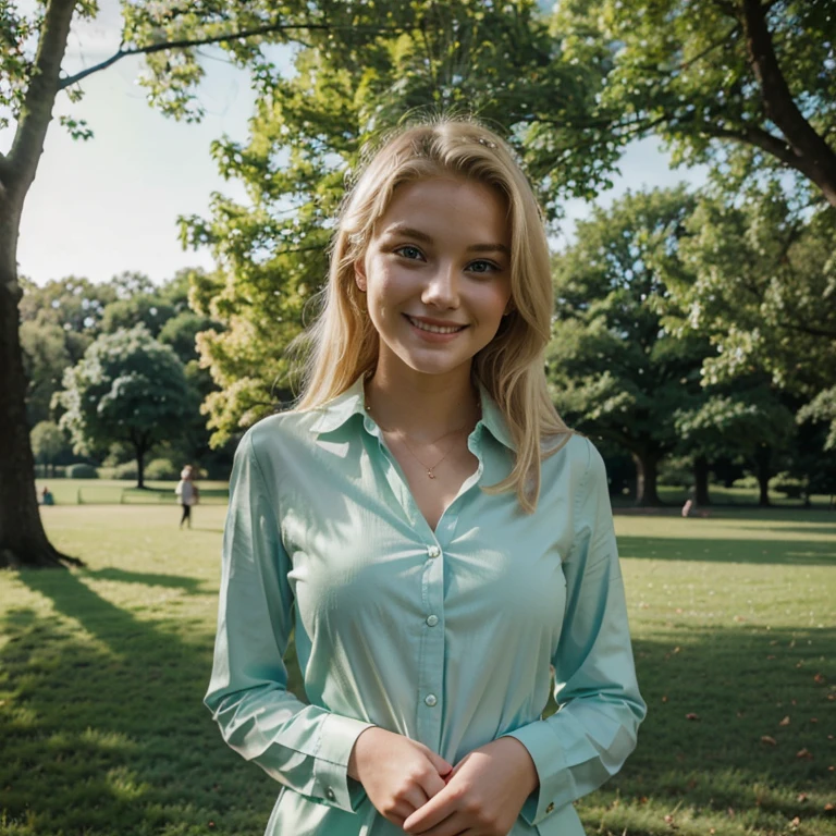 Beautiful blonde woman, 21 years old, looking at the camera smiling, with elegant clothes, in a green park