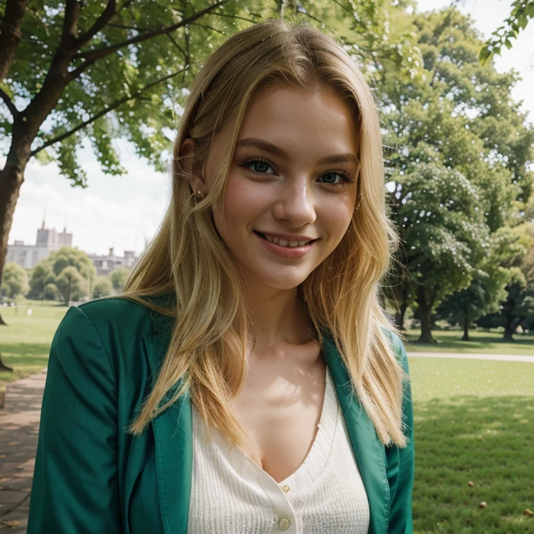 Beautiful blonde woman, 21 years old, looking at the camera smiling, with elegant clothes, in a green park