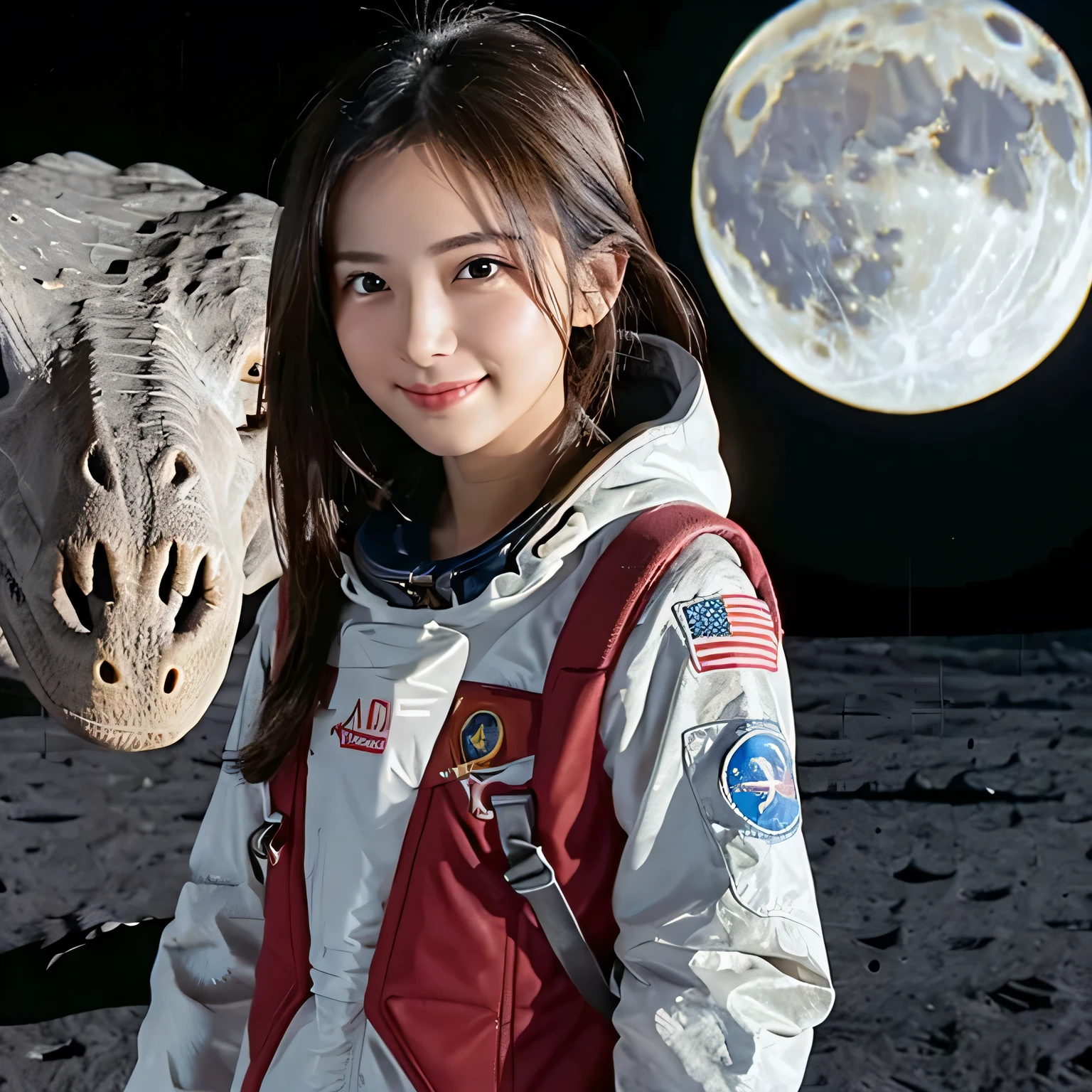 (Girl and dinosaurs on the moon:1.5) ,(landing on the moon:1.2),(dinosaurs:1.2),original photography,(ultimate beauty portrait、sparkling skin、1 girl、Smile、bright expression、brown hair、Big eyes sparkling like gems、Harajuku、24 year old beautiful girl),space suit,Flag of China ,Very detailed