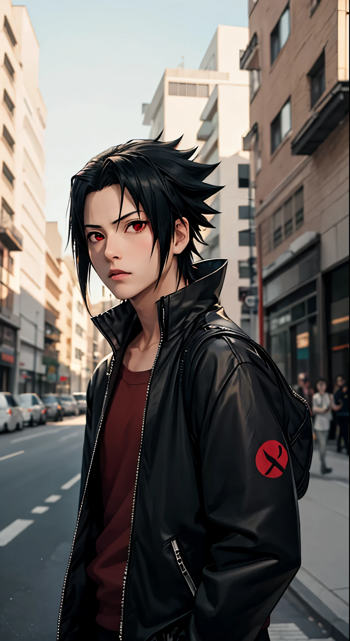 Masterpiece, 1boy, Superb Style, uchiha Sasuke, red eyes, Urban Streetwear chothes, Outdoor, Upper Body, Uchiha Sasuke, bright eyes, black hair, cool boy