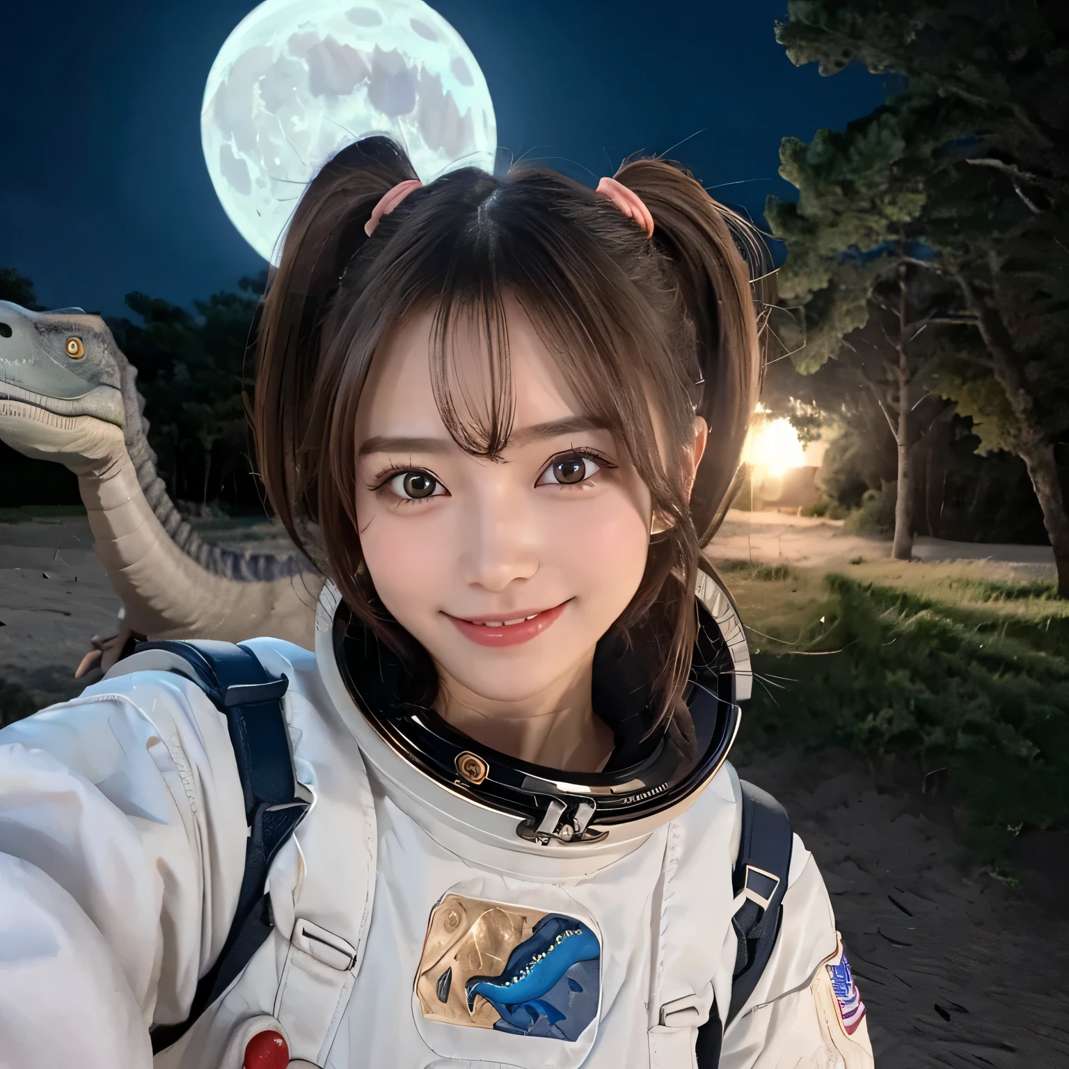 (Girl and dinosaurs  on the moon:1.5) ,(landing on the moon:1.2),(dinosaurs:1.2),original photography,(ultimate beauty portrait、sparkling skin、1 girl、Smile、bright expression、brown hair、Big eyes sparkling like gems、Harajuku、24 year old beautiful girl),space suit,Flag of China ，Very detailed
