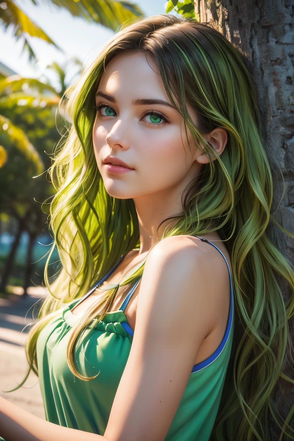 realistic, realism, photorealism, photo-realistic, high contrast, (photorealistic:1.4), 8k high definition detailed realistic, (best quality, masterpiece:1.2), photon mapping, radiosity, physically-based rendering, best quality, highly detailed, 1woman, carlos, thin, long hair, ((upper body)), sundress, floral print, (Beautiful face, Cute face, Detailed face), (((Long wavy hair))), (((Bright green eyes))), BREAK, (((Outdoor scene, nature))),
Uma mulher realista e detalhada em estilo fotográ