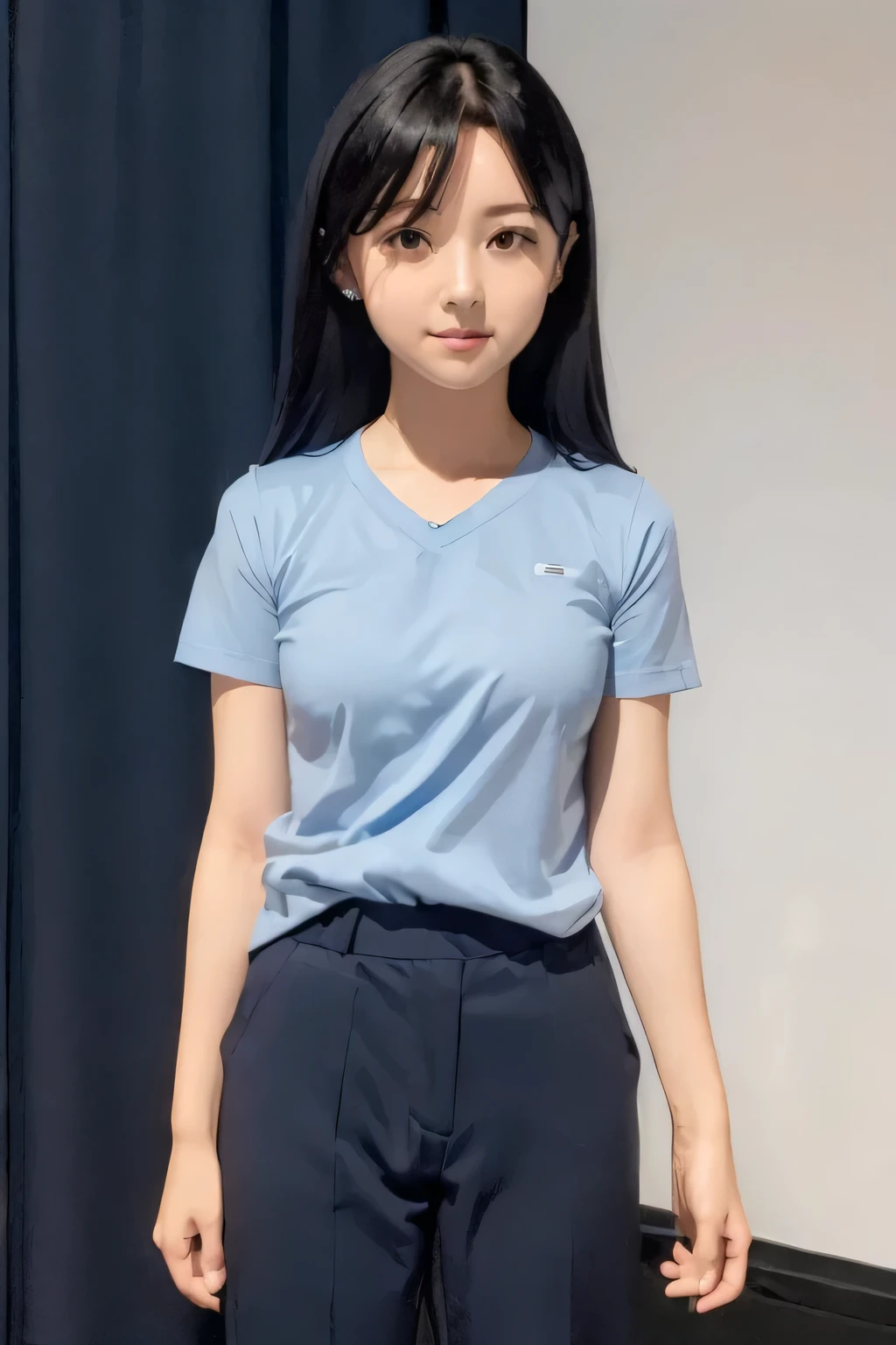 (((pixel perfect, Perfection with attention to detail))), Big eyes, alone, 1 girl, Chihaya Kisaragi, (black hair), Idol, stage, looking at the viewer, smile, break (flat chest:1.5), (Light blue T-shirt, Dark blue slacks)