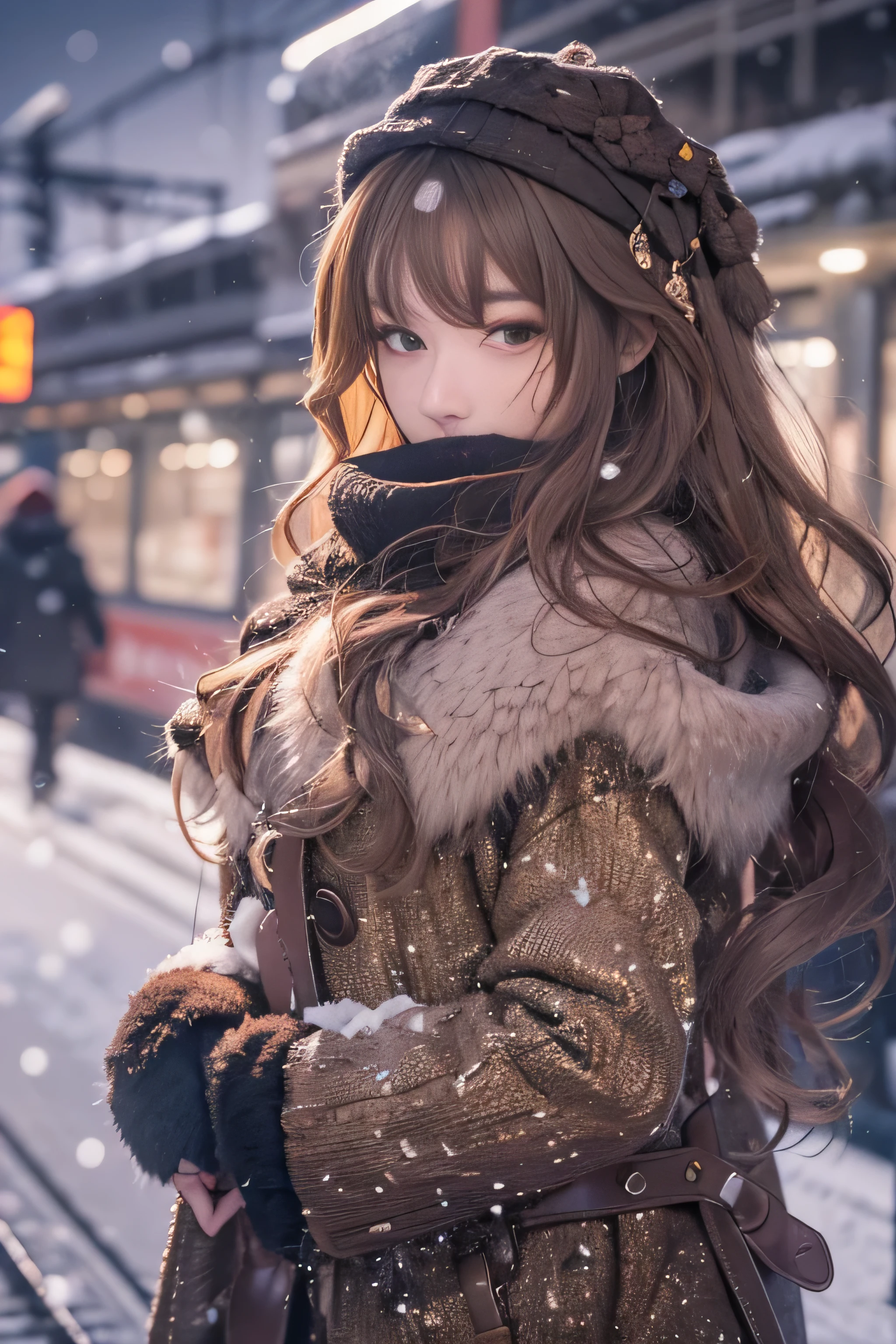 1 female、Early 20s、(Strong-willed super beauty)、(super beautiful face)、(detailed face)、put on makeup、Wavy brown hair、christmas snowy night、Standing on the platform of a metropolitan station、The background is a stopped train、shallow depth of field