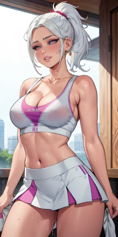 realistic, 1girl, ponytail, parted lips, blush, makeup, light smile, white hair, sportswear, skirt, wet clothes, glow, thighs, purple eye, bare shoulders, collarbone, narrow waist, sunbeam, sunlight, rose, wind, cleavage, (masterpiece), sweat,