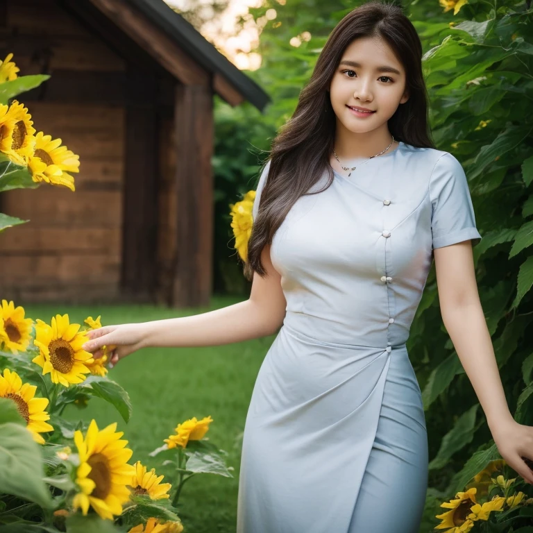 best quality, masterpiece, highres, 1girl,blush,(seductive smile:0.8),star-shaped pupils,necklace, jewelry,Beautiful face,upon_body, tyndall effect,photorealistic, dark studio, rim lighting, two tone lighting,(high detailed skin:1.2), 8k uhd, dslr, soft lighting, high quality, volumetric lighting, candid, Photograph, high resolution, 4k, 8k, Bokeh,sunflower,not sexy dress,white and green uniform.full body without clothes