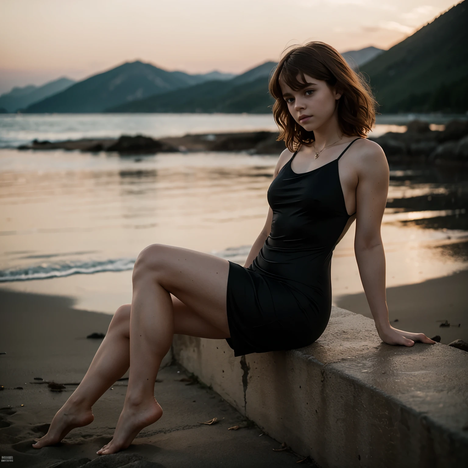Sophia Lillis, thick strong body, long hair, moody setting, tight dress, bare beautiful feet