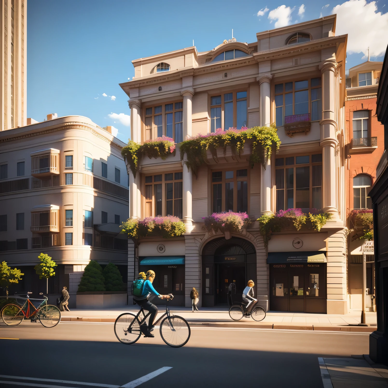 there are people walking and riding bikes on the sidewalk near a building, render in vray, lumion render, render vray, vray render, 3 d vray render, realistic render, lumion rendering, architectural 3 d render, vray rendered, 3 d photorealistic render, 3 ds max + vray, vray rendering, a photorealistic rendering