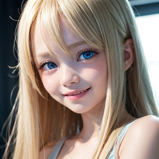 shiny skin、 Very cute and beautiful face、Very shiny and beautiful skin、Very beautiful and cute sexy pale blue eyes、beautiful very long shiny silky blonde hair、(10 years old)、one small very beautiful cute girl、Beautiful cute bright look、Clear double eyelids、((Very happy smile))
