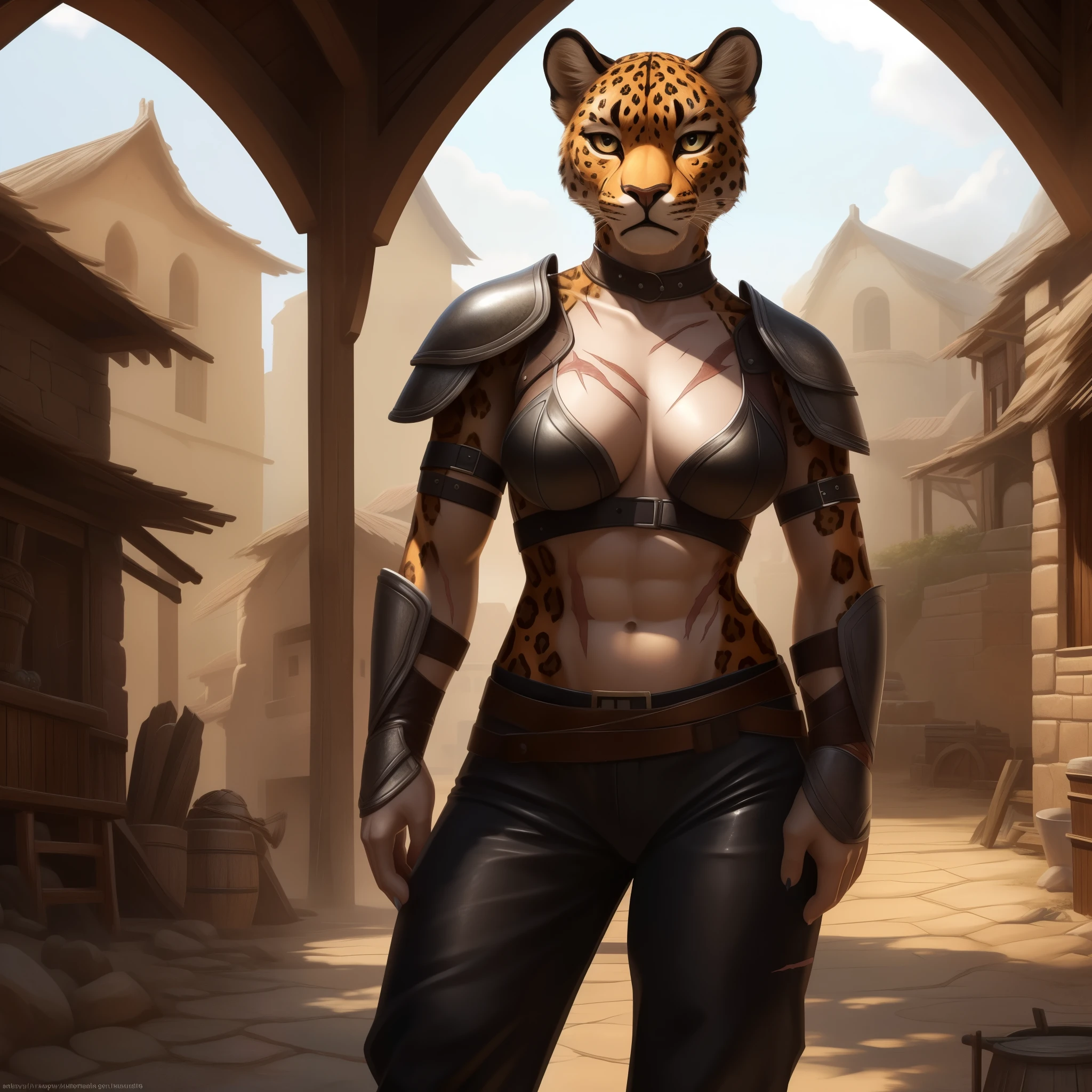 (masterpiece), (ultra-detailed), (best quality), (masterpiece), one female, ((solo_focused)), anthro leopard, beautiful, smooth skin, bare skin, curvy, ((athletic)), full body, (leopard head), orange fur, pawed hands, medium breast, leather armor, fierce, standing in a village, ((bottomwear:(pants))), scarred body, scars