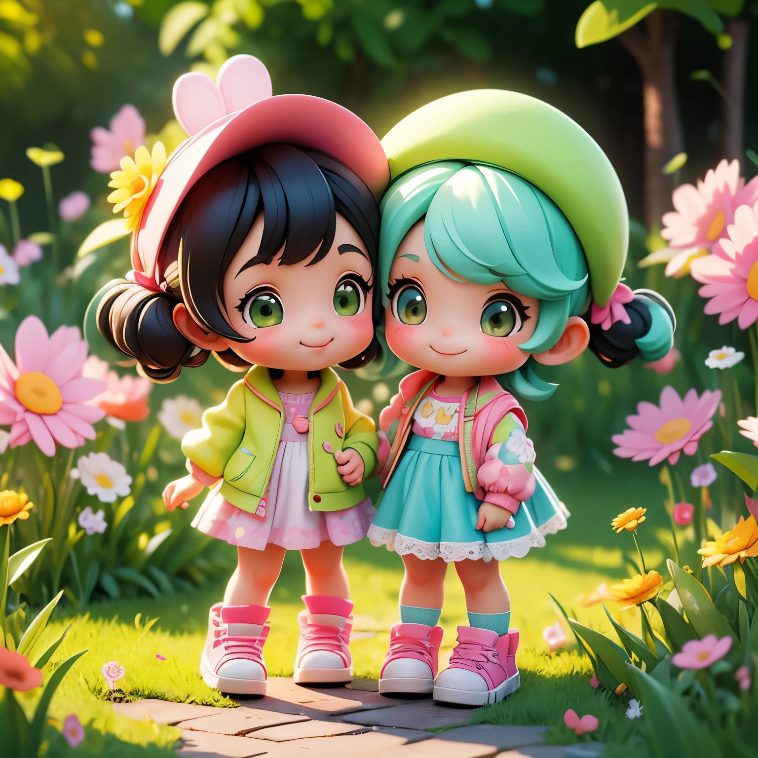(photorealistic:1.37)、octane rendering、Morning park、Walk with a rabbit doll、Girl has twin tail hairstyle and smiles、Bright colors、soft sunlight、beautiful flower、green grass、playful atmosphere、peaceful environment、detailed texture、Bright colors、cute shoes with accessories、He looks happy