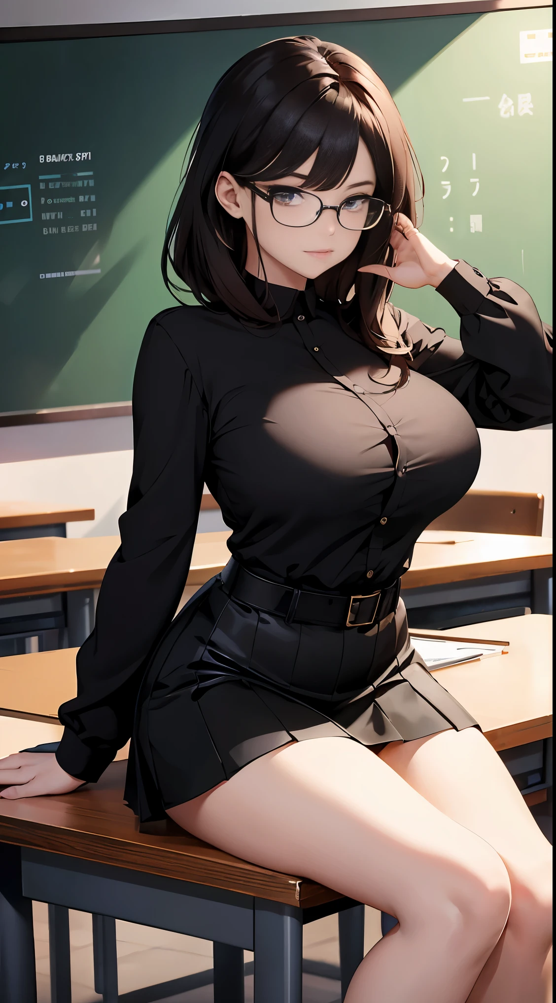 （（best quality，8k，masterpiece：1.4），Ultra-fine details），aldult，curvy，sexy posture，posing， black浓密的长发，gold oval glasses， Exterior，（ White skinny shirt，black领带，Skinny ultra-short skirt with hips，black），huge ， shiny smooth skin，Bright and charming eyes， black eyes，Seductive eyes，Redness of the face，long smooth legs，classroom，blackboard，