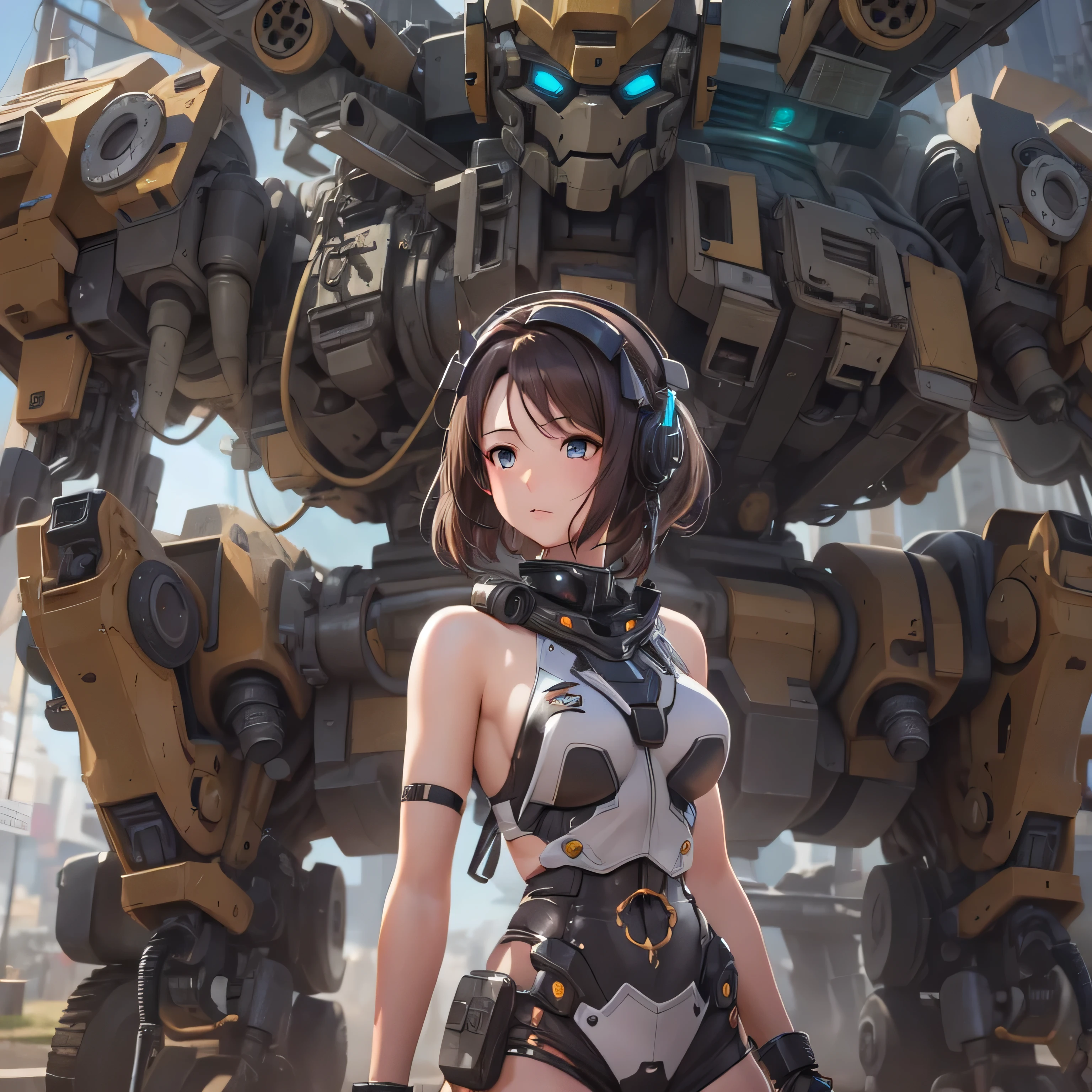 ((masterpiece, best quality)),illustration,ultra detailed 8k,photorealistic,sharp focus,highly detailed,professional lighting,colorful details,iridescent colors BREAK extreme long shot of a factory,large mechanical robot construction,microchip,computer,glowing,intricate details,shitu-mecha,1girl is standing in front of the audience,Navel