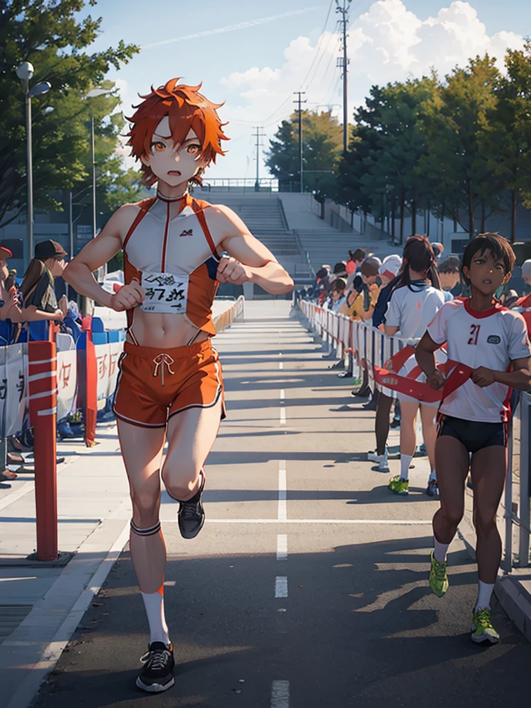 Wallpaper phone，The best picture quality，8k，full body portrait，panoramic，telephoto lens，anime characters，Two-dimensional image，Alexander Fugo,Delicate orange eyes， 1 boy,  white socks, white sneakers, orange short pants, orange color shirt, running,track and field, perspective from under，shorten, backlight, bloom, track, outdoor, 