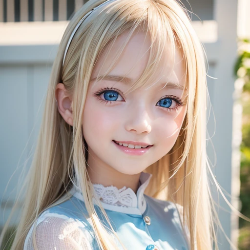 shiny skin、 Very cute and beautiful face、Very shiny and beautiful skin、Very beautiful and cute sexy pale blue eyes、beautiful very long shiny silky blonde hair、(10 years old)、one small very beautiful cute girl、Beautiful cute bright look、Clear double eyelids、((Very happy smile))