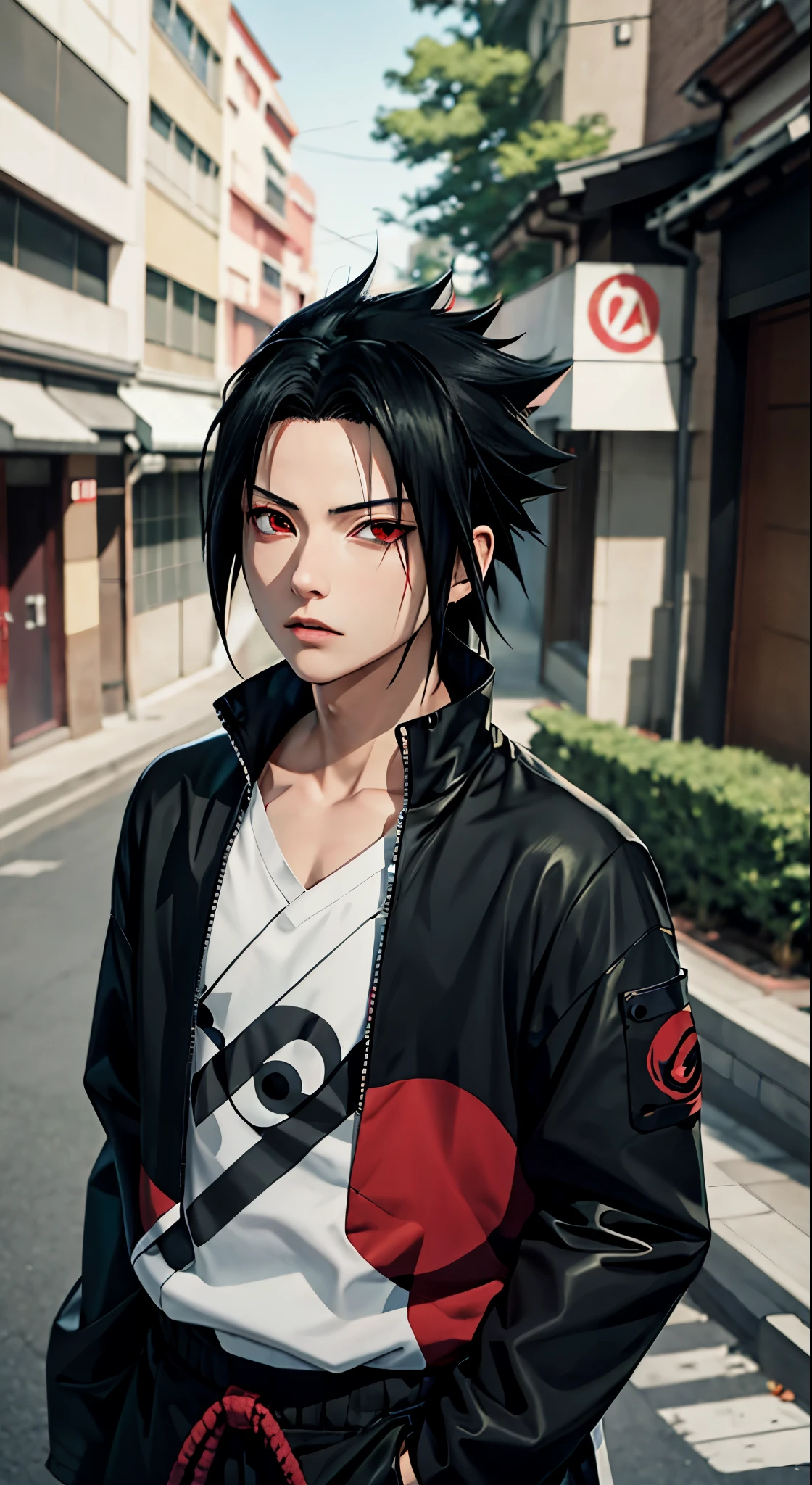 Masterpiece, 1boy, Superb Style, uchiha Sasuke, red eyes, Urban Streetwear chothes, Outdoor, Upper Body, Uchiha Sasuke, bright eyes, black hair, cool boy