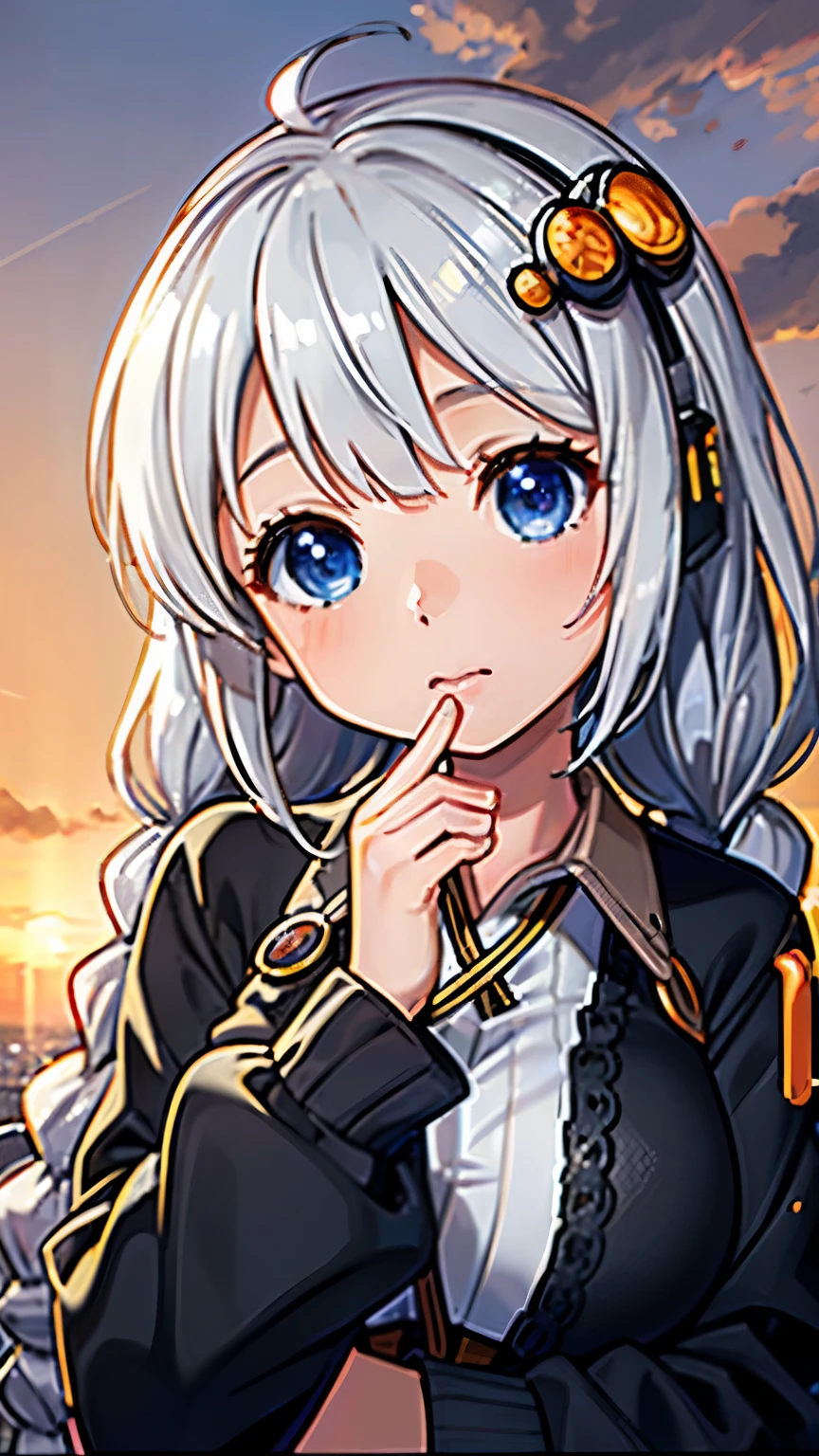 Vivid colors, ultra-realistic shading, ultra-detailed, spectacular view, beautiful transparency, ultra-high quality, extended, ((layer added 2.7)), vivid, ultra-bright colors 1.5, (high-definition CG unity 8k wallpaper: 1.3 ), beautiful ultra-sensitive art concept illustration, center color: 1.2 , nsfw, (logic frenzy), [ultra-detailed skin], glossy light, lens flare 1.7, (backlight 0.9), Extremely close-up, slight bokeh , 1 girl, 1, k((((Akari Kizuna), (VOCALOID 1.2), (silver hair 1.2), (very long hair), (big braids 1.8), (round hair ornament), (blue eyes ), (eyeline 1.2)))), wearing a hat (cap), big black jacket, beautiful big eyes, sparkling eyes, asking a question
