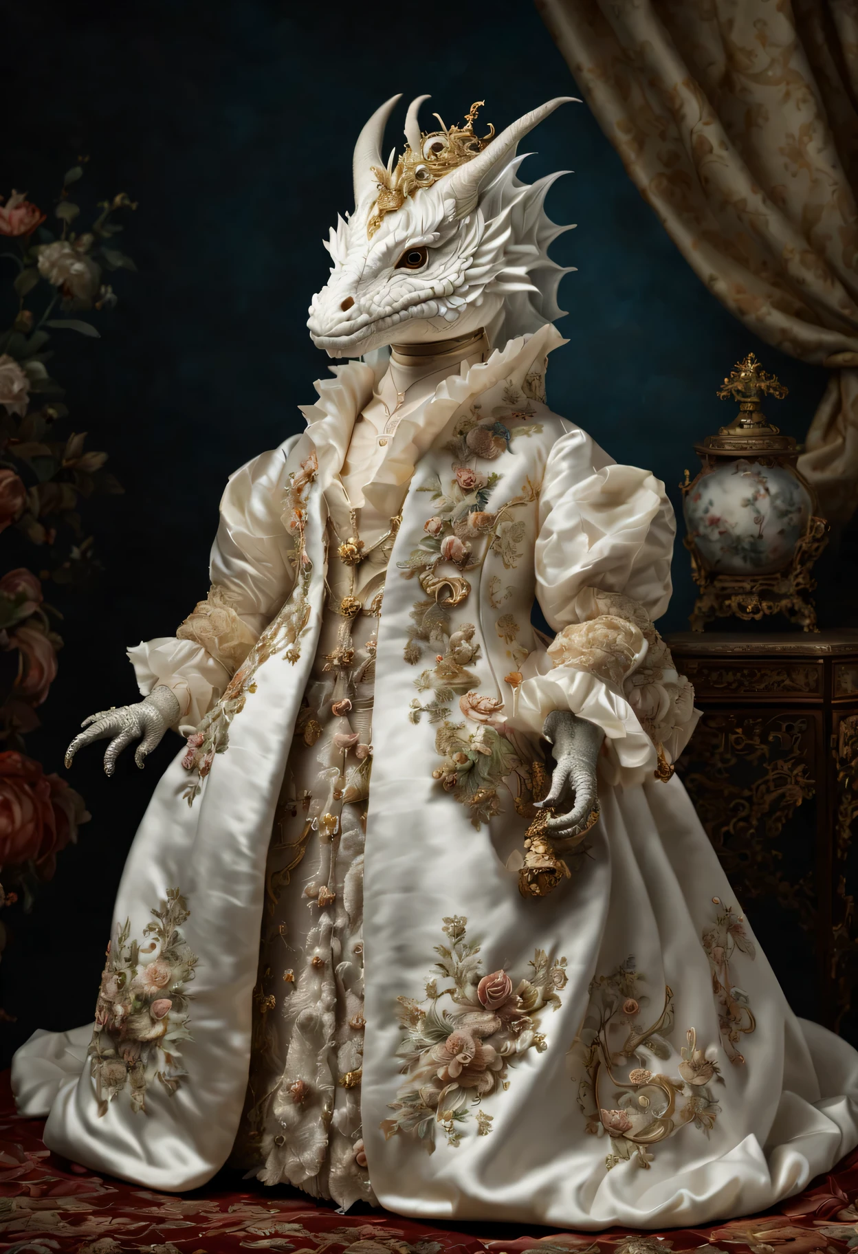 photorealistic portrait of Dressed animals - a fat  white dragon, (full body image:1.5), Wearing luxury sack-back gown, Old-fashioned luxury dress, detailed and opulent description of a female aristocratic sack-back gown in Rococo style, emphasizing luxurious fabrics, intricate embroidery, and ornate accessories, Rococo style background