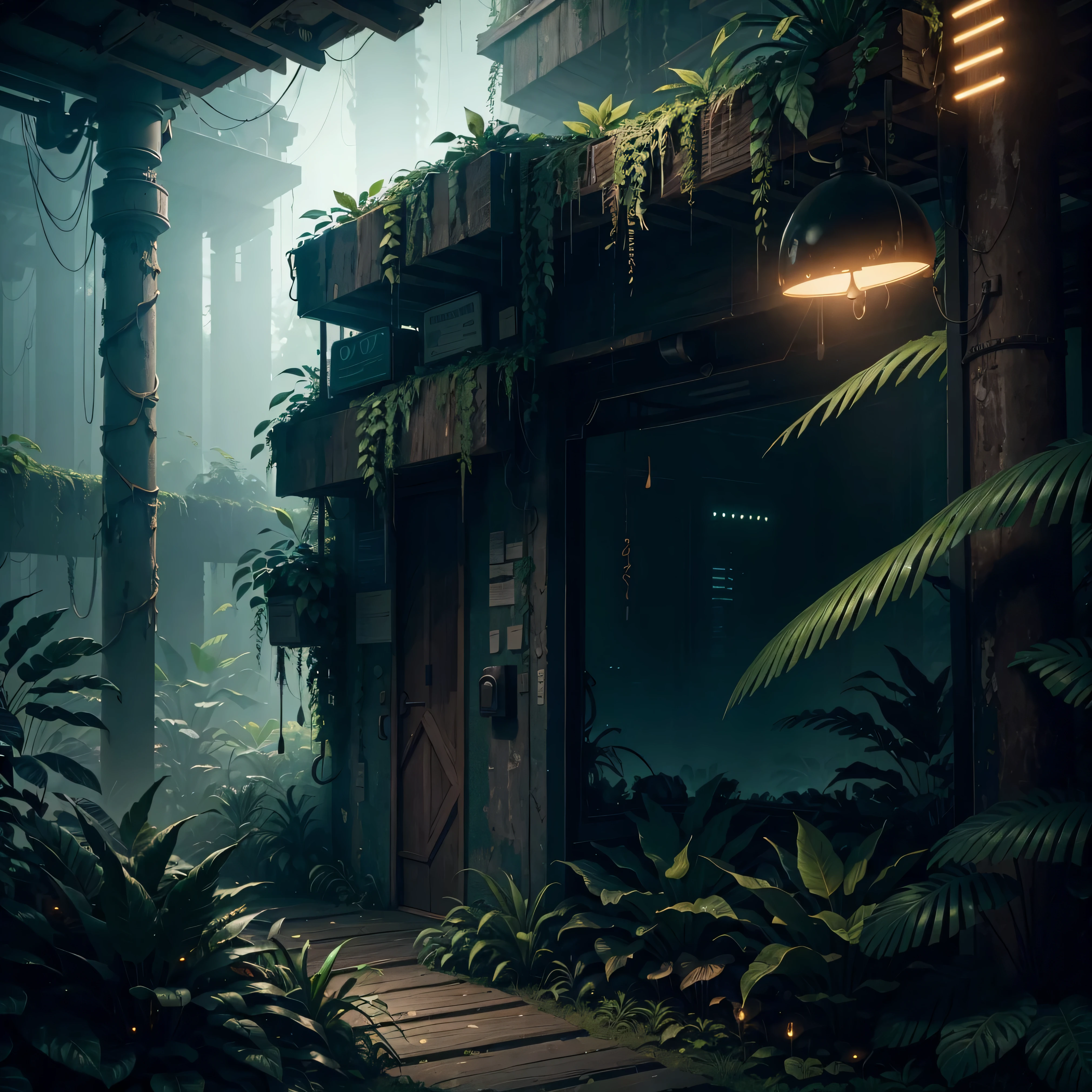 selva, papel de parede CG Unit 8K extremamente detalhado, obra de arte, selva , melhor qualidade, Tiro longo, Ciberpunk, selva , ghostly scenery, Mist, volumetric light, luzes de neon, Animatrônic figures, estruturas arruinadas, Texturas grunge, selva comuma caixa de son 