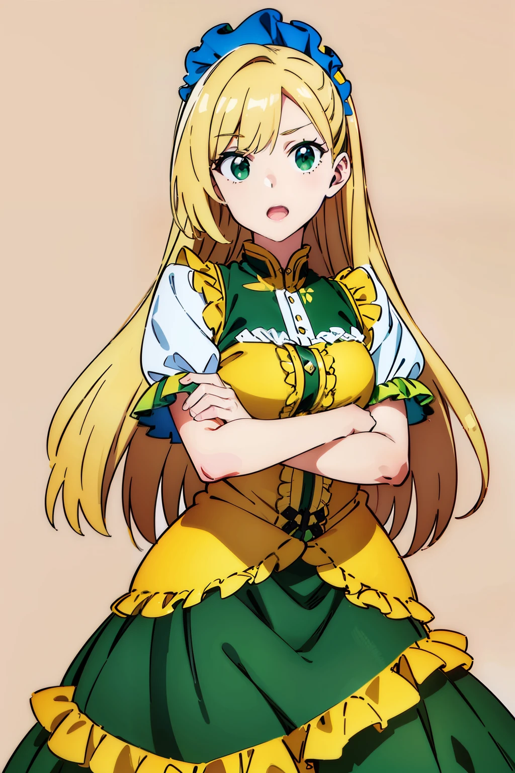 (((highest quality))), ((super detailed)), ((illustrinion)), ((messy hair)), ((frills)), (1 girl),(一人in),,cowboy_shot,crossed_arm,looking for_in_viewer,Open_mouth,simple_background,Are standing,rining:Safety,agriculture_clothing,green_Clothes,green_eye,((highest quality))), ((super detailed)), ((illustrinion)), ((messy hair)), ((frills)), (1 girl),(一人in),,cowboy_shot,crossed_arm,looking for_in_viewer,Open_mouth,simple_background,Are standing,rining:Safety,agriculture_clothing,green_Clothes,green_eye,
