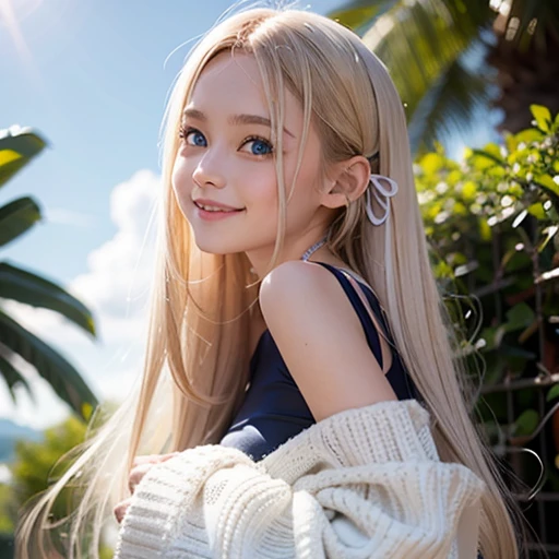 shiny skin、 Very cute and beautiful face、Very shiny and beautiful skin、very beautiful and cute pale blue eyes、beautiful very long shiny silky blonde hair、（10 years old）、one small very beautiful cute girl、Beautiful cute bright look、Clear double eyelids、((Very happy smile))