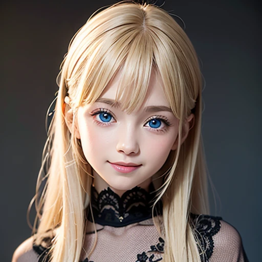 shiny skin、 Very cute and beautiful face、Very shiny and beautiful skin、very beautiful and cute pale blue eyes、beautiful very long shiny silky blonde hair、()、one small very beautiful cute girl、Beautiful cute bright look、Clear double eyelids、((Very happy smile))