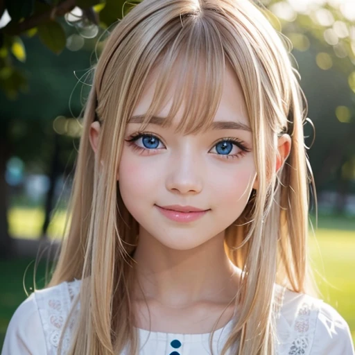 shiny skin、 Very cute and beautiful face、Very shiny and beautiful skin、very beautiful and cute pale blue eyes、beautiful very long shiny silky blonde hair、(10 years old)、one small very beautiful cute girl、Beautiful cute bright look、Clear double eyelids、((Very happy smile))