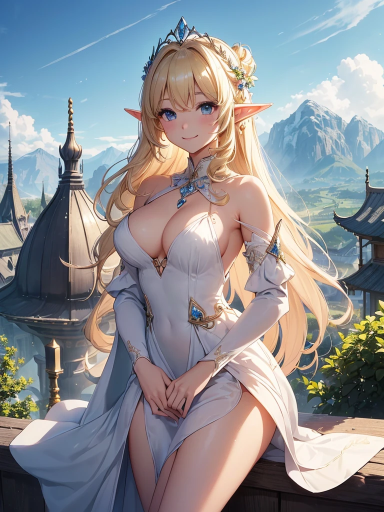 highest quality、Highest image quality、masterpiece、Beautiful super beautiful elf beauty((22 years old OL big bust、bust 90,beautiful long ironed hair、blonde、、slender、Close-up、Esbian、beautiful tiara、High quality、beautiful art、background((clear sky)))muste piece、visual art、Depth of bounds written、low angle of morning sky、、elf ears、、magic of light、space knight、harp melody🎵、A happy smile、gentle light、、Beautiful legs that are gentle on the skin、、back view ticker beautiful decorative、elegant、mystical rosa、 , beautiful dressy、beautiful dress、、temple of time、Lord of the Ring、Final Fantasy、magnificent town、friendly smile、panorama、Beautiful nature、Magnificent valley、valley、mountains