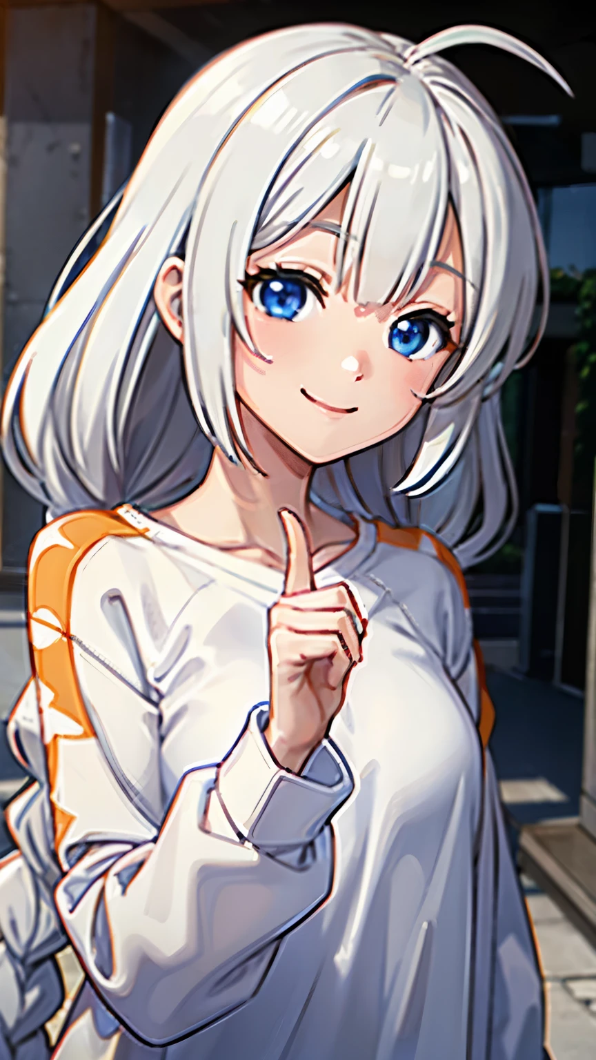 masterpiece,best quality,highres,ultra-detailed,bbakari,blue eyes,long hair,ahoge,twin braids,white shirt,long sleeves,smile,high school student,