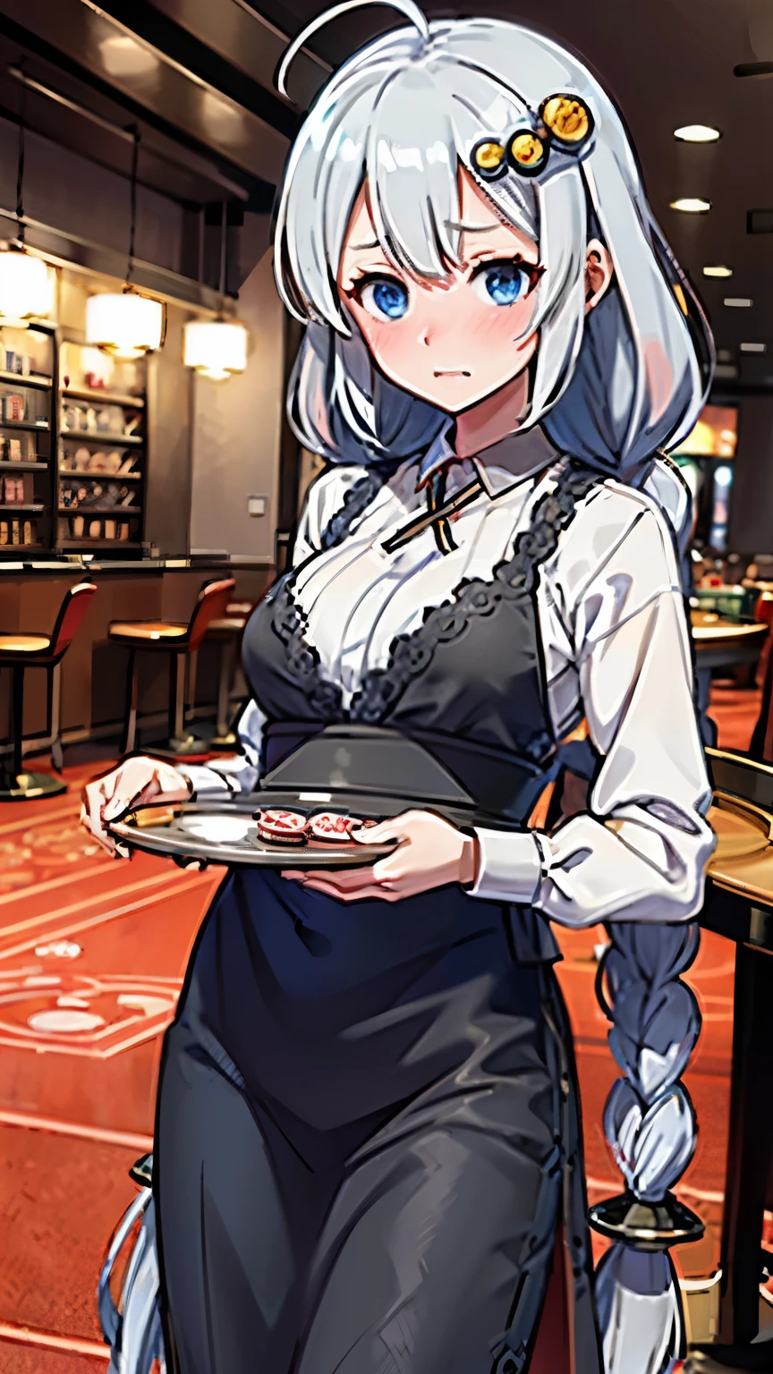 masterpiece,best quality,highres,ultra-detailed,aakari,blue eyes,long hair,ahoge,bangs,twin braids,hair ornament,clerk,casino,holding tray,embarrassed,blush,standing,