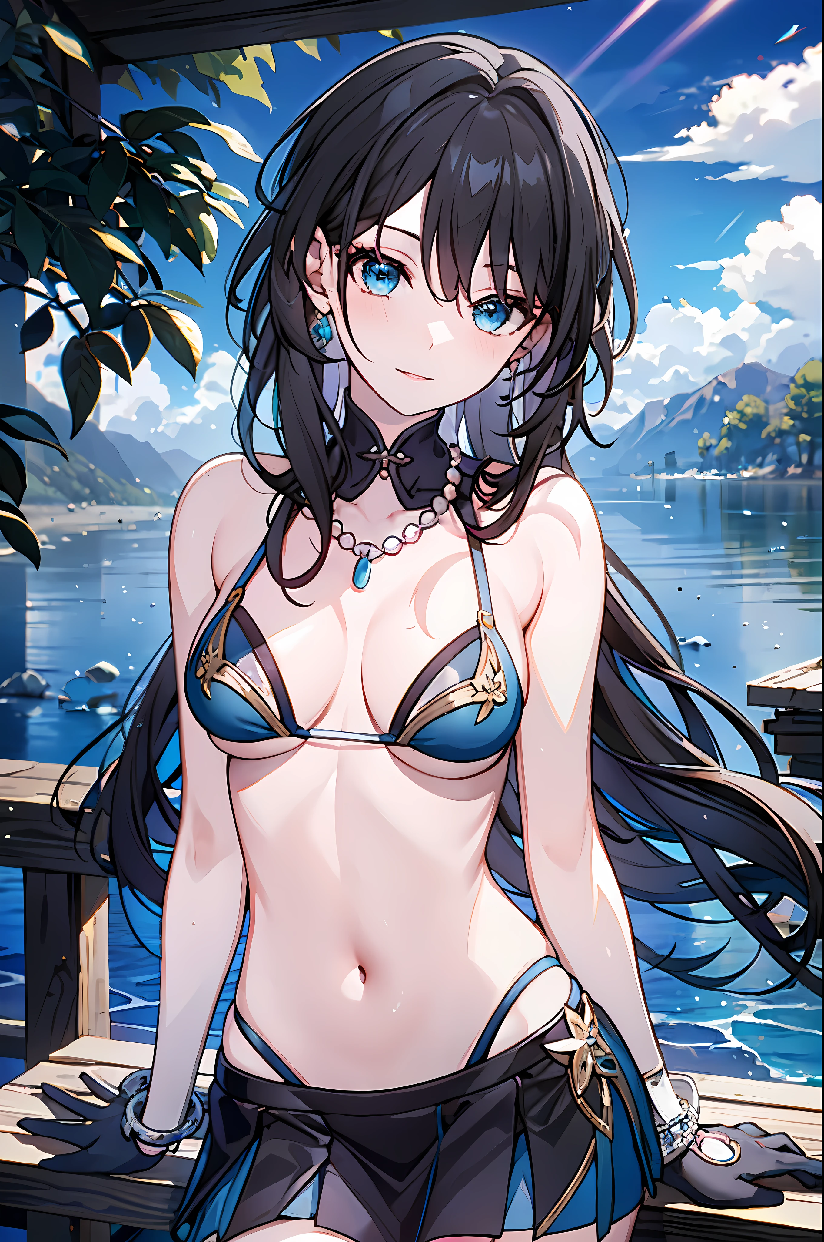 detailed, (masterpiece:1.2), (solo:1.2), (pale_skin:1.2), (female), slender, (black hair), (micro_bikini), outdoors, lakes, bracelets, collarbone, bare_shoulders, headtilt, blue eyes, gloves, (skirts:1.3), bead_necklace, long_hair, medium_breasts, pelvic_bones