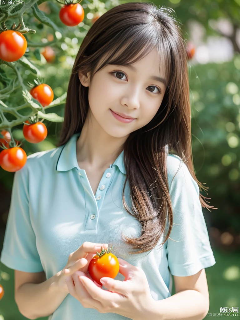 ((holding a small tomato in hand)),field,There is a tomato tree in front of me,squatting,1 girl,28歳の女性,しゃがむ,Full body shot from a distance:1.4,ultra-realistic capture, very detailed,解剖学的に正しい,人間の皮膚のHigh resolution16kクローズアップ,Skin texture must be natural, Enough detail to finely identify pores. skin needs to look healthy, with an even tone. Use natural light and color,highest quality,4K,8K,High resolution,table top:1.2,super detailed,very detailed目と顔,beautiful and fine eyes,beautiful detailed lips,long eyelashes,realistic,realistic:1.37,Japanese,fine white skin,(skinny jeans,polo shirt),beautiful and magnificent composition,Charm,cute,silky smooth and straight hair,sharp focus,sunny,smiling cheerfully,With a round face,視聴者を見る,