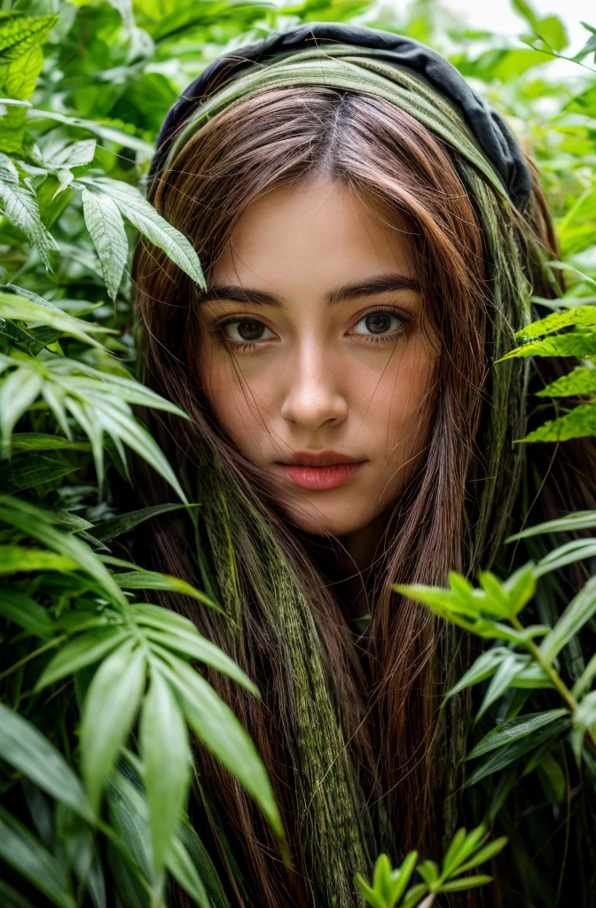 A 4K picture of a female sniper hiding in a foliage, wearing ghillie suit, deep colors, masterpiece, soft lighting and ambience, (god rays)