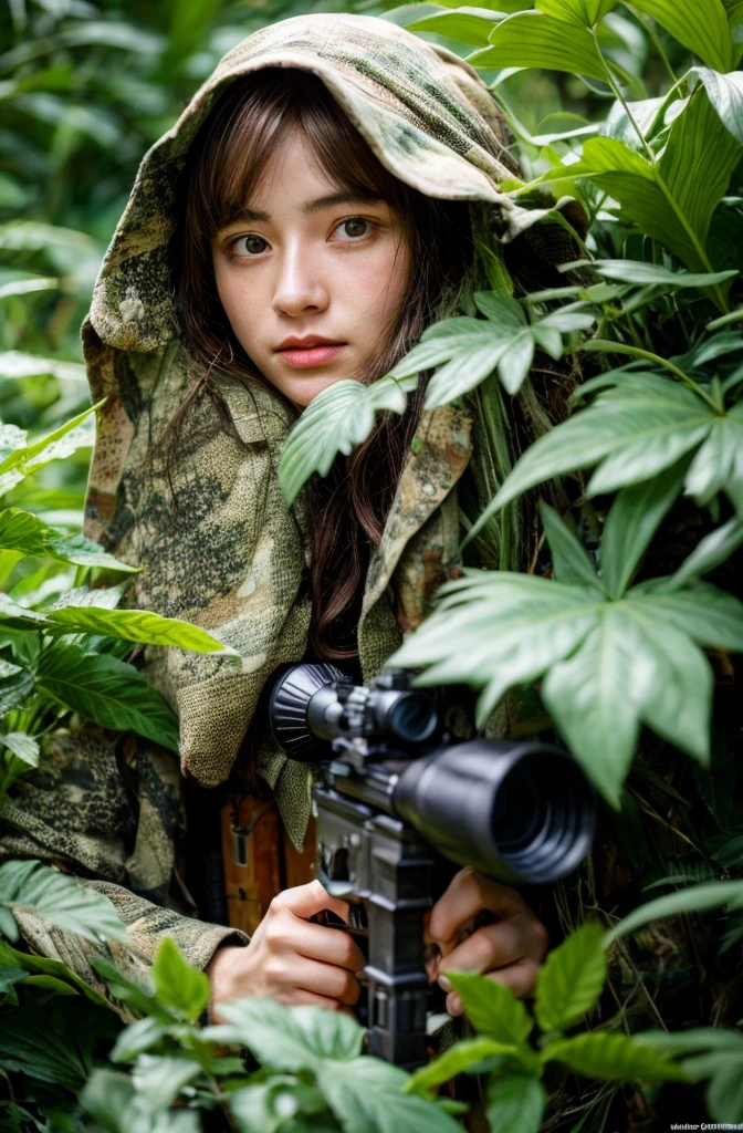A 4K picture of a female sniper hiding in a foliage, wearing ghillie suit, deep colors, masterpiece, soft lighting and ambience, (god rays)