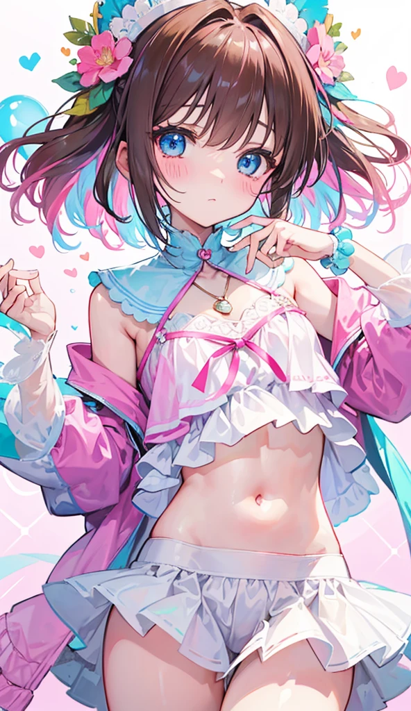 Colorful light background,short fluffy brown hair,Has a clear gum texture with a bright pinkish-purple con pink、Wear yours in blue and white,Yellow and green,Cyan Matching Accessories Pendant Decoration,This is a very sweet and sweet girl, valentine theme, blue eyes, soft smile、Cute white and pink underwear、Underwear fully visible、sexy、blush、Watery eye、Are crying