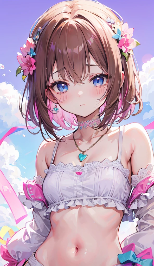 Colorful light background,short fluffy brown hair,Has a clear gum texture with a bright pinkish-purple con pink、Wear yours in blue and white,Yellow and green,Cyan Matching Accessories Pendant Decoration,This is a very sweet and sweet girl, valentine theme, blue eyes, soft smile、Cute white and pink underwear fully visible、sexy